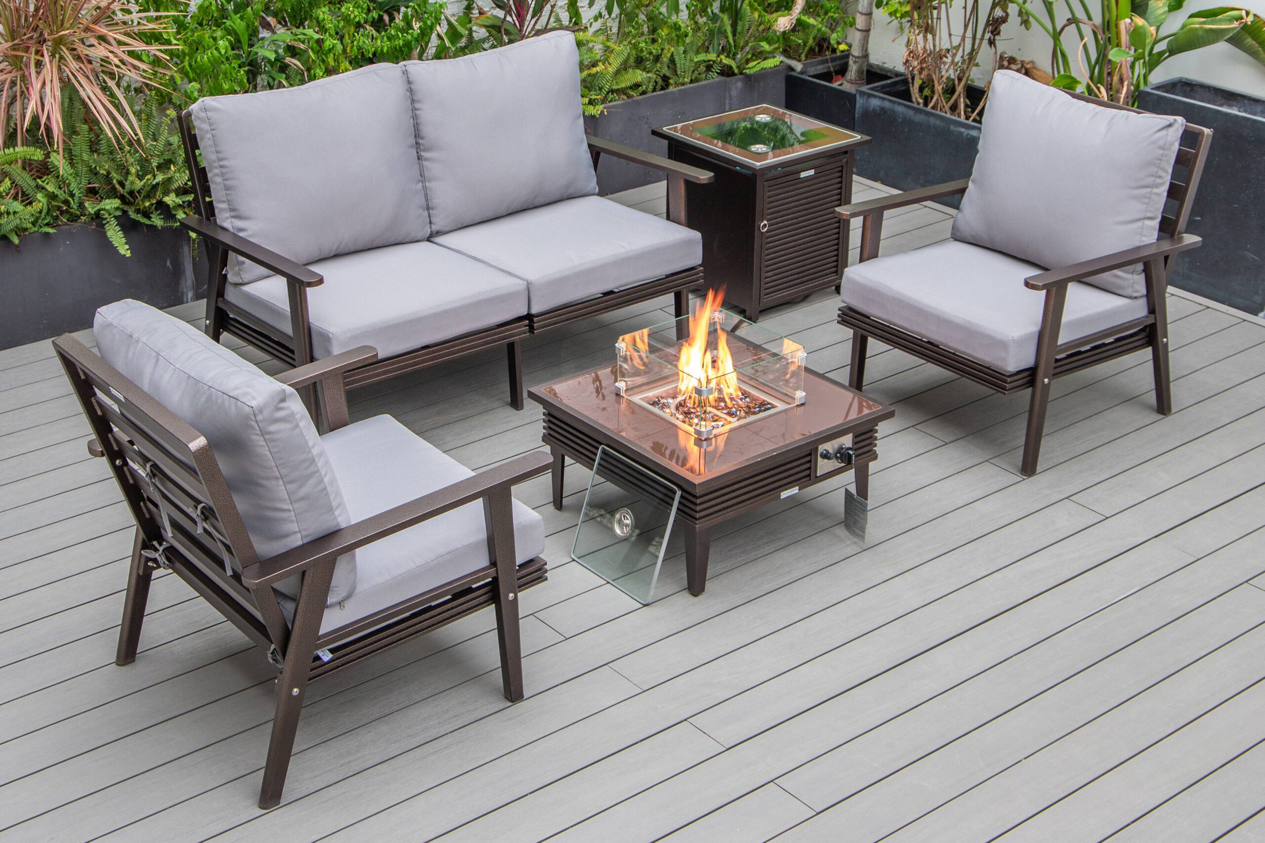 LeisureMod - Walbrooke Modern Black Patio Conversation With Square Fire Pit With Slats Design & Tank Holder