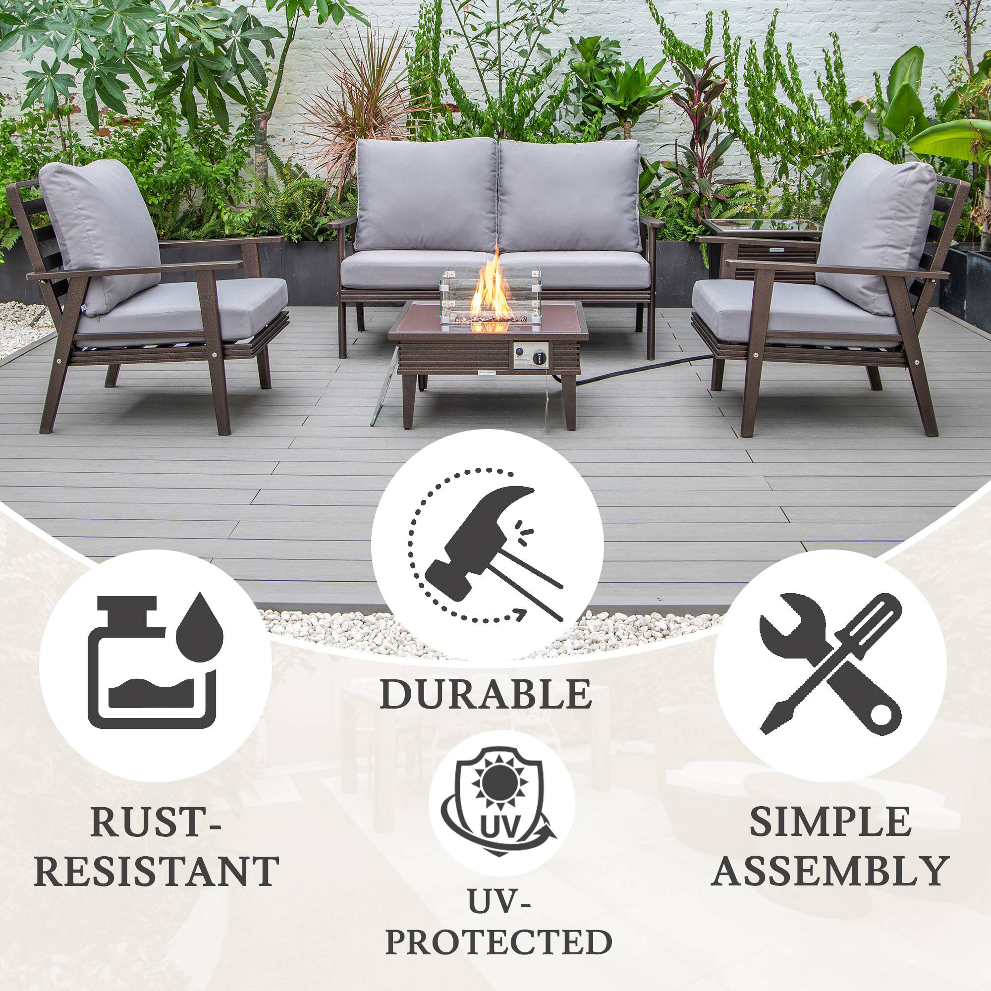 LeisureMod Walbrooke Modern Brown Patio Conversation With Square Fire Pit With Slats Design & Tank Holder - Gray