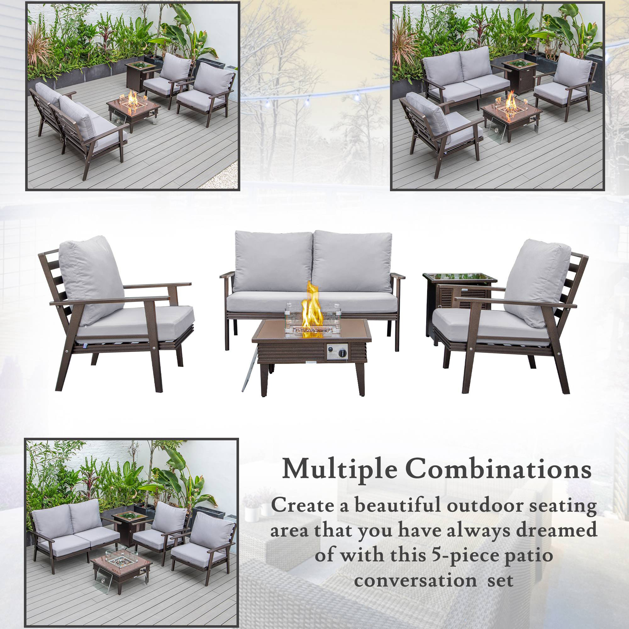 LeisureMod Walbrooke Modern Brown Patio Conversation With Square Fire Pit With Slats Design & Tank Holder - Gray