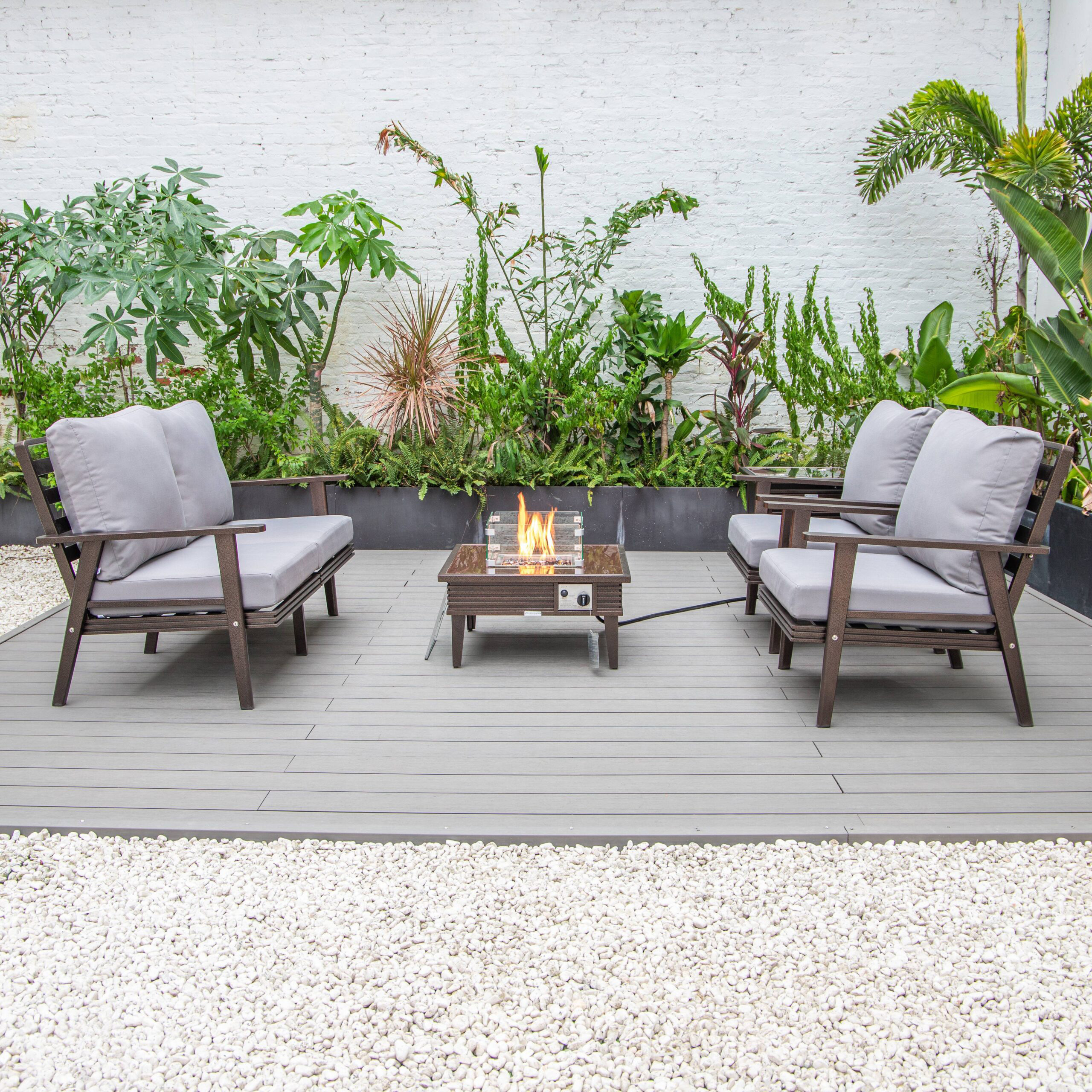 LeisureMod Walbrooke Modern Brown Patio Conversation With Square Fire Pit With Slats Design & Tank Holder - Gray