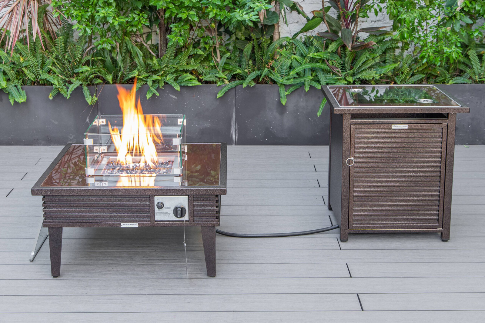 LeisureMod Walbrooke Modern Brown Patio Conversation With Square Fire Pit With Slats Design & Tank Holder - Gray
