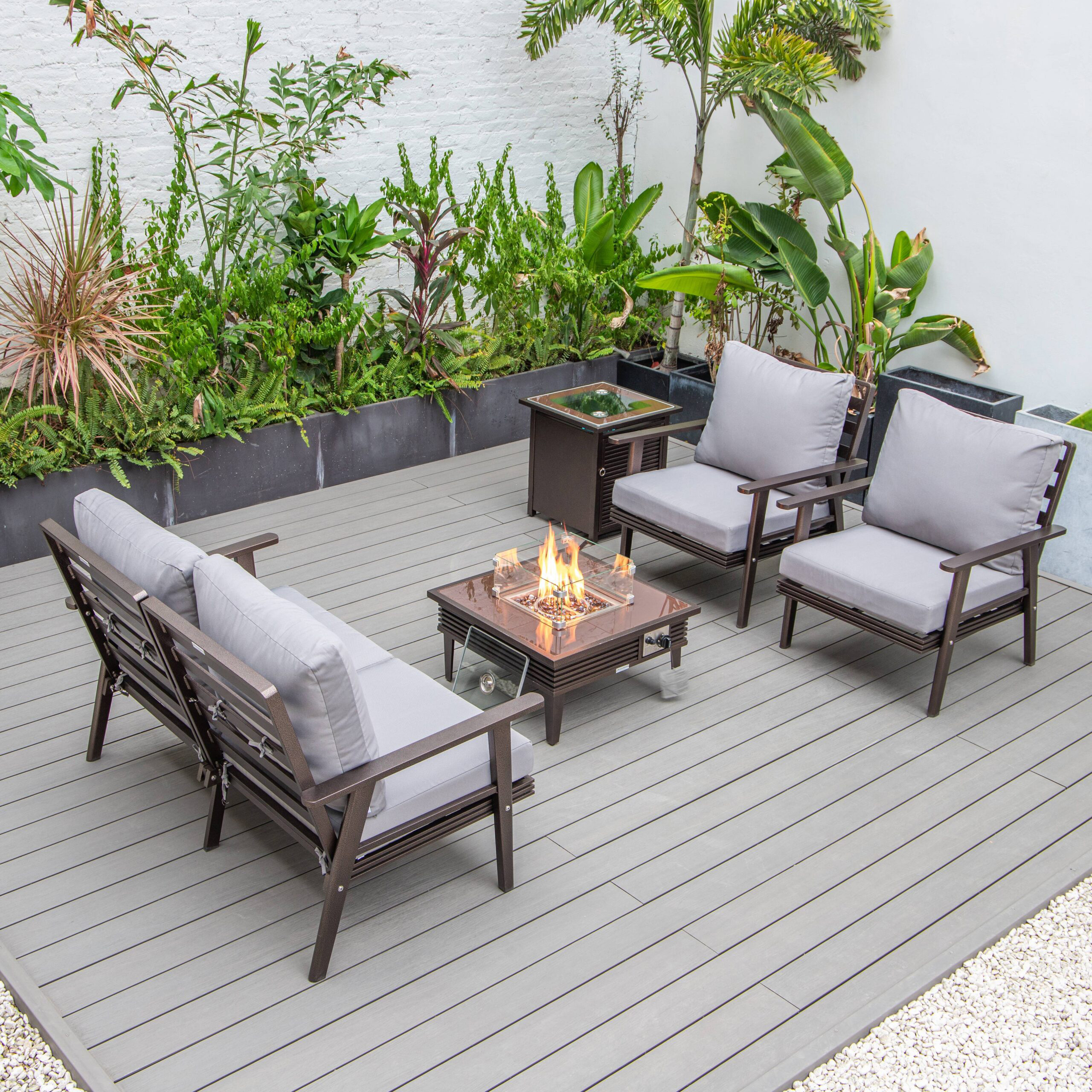 LeisureMod Walbrooke Modern Brown Patio Conversation With Square Fire Pit With Slats Design & Tank Holder - Gray