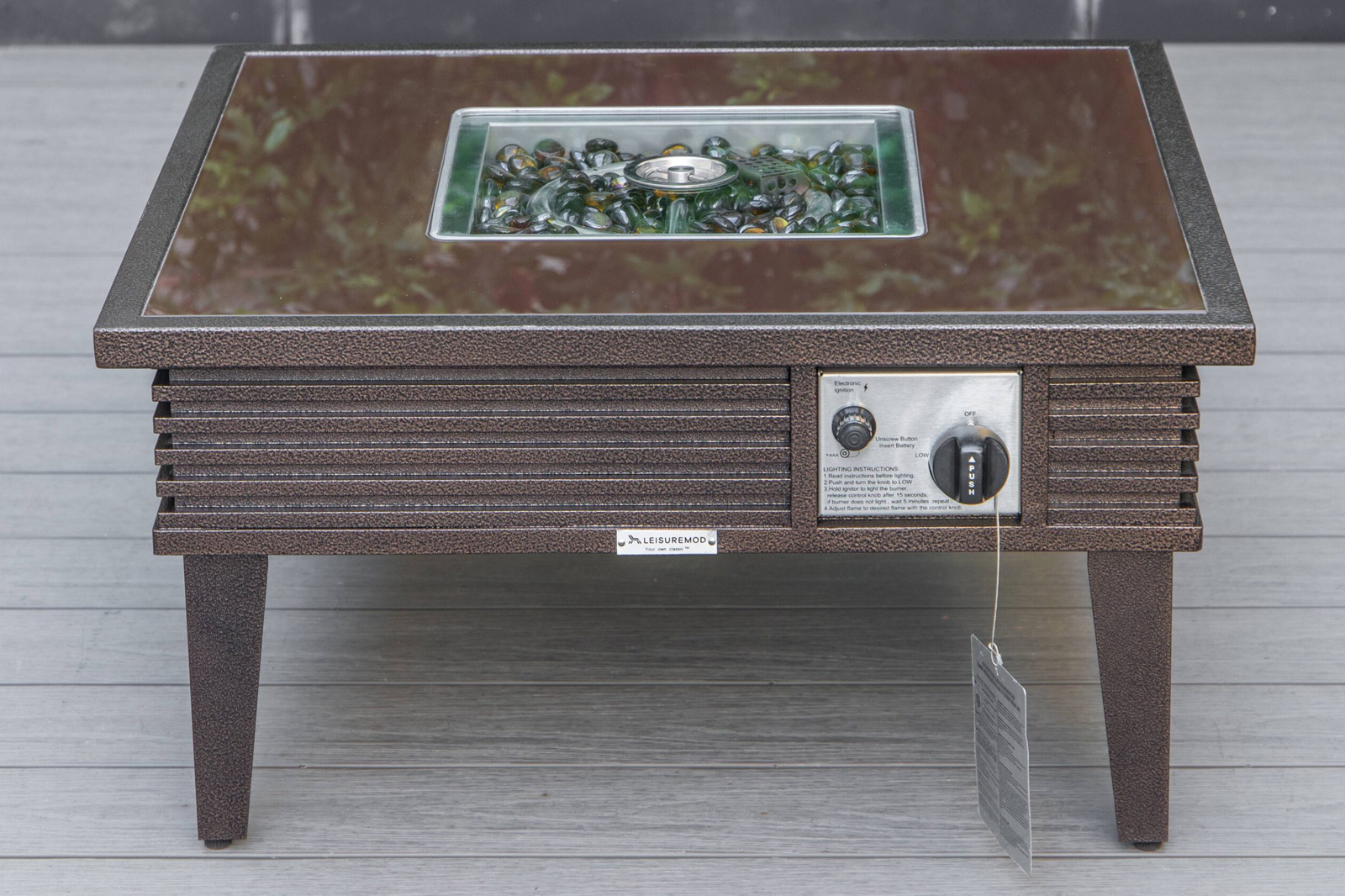 LeisureMod Walbrooke Modern Brown Patio Conversation With Square Fire Pit With Slats Design & Tank Holder - Gray