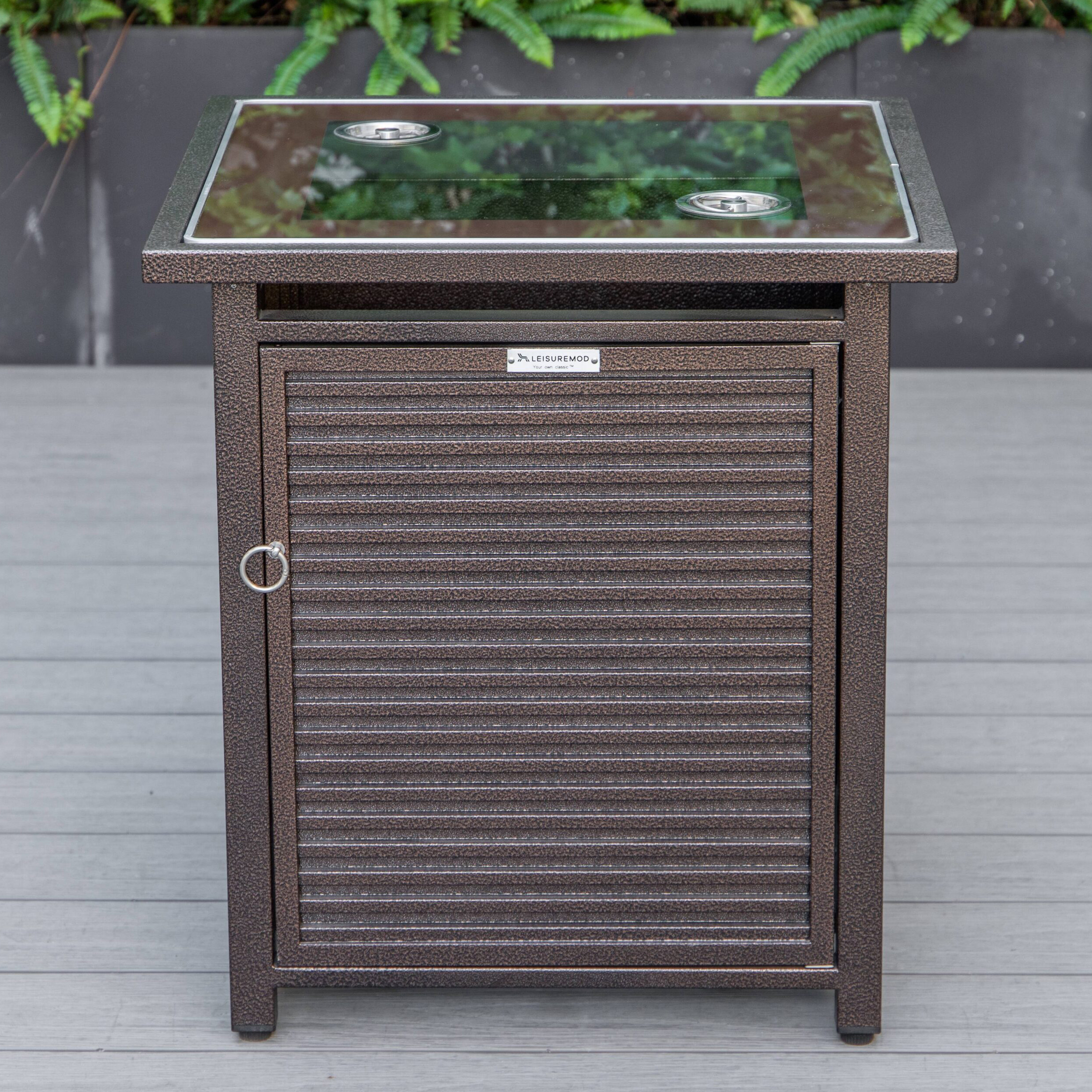 LeisureMod Walbrooke Modern Brown Patio Conversation With Square Fire Pit With Slats Design & Tank Holder - Gray