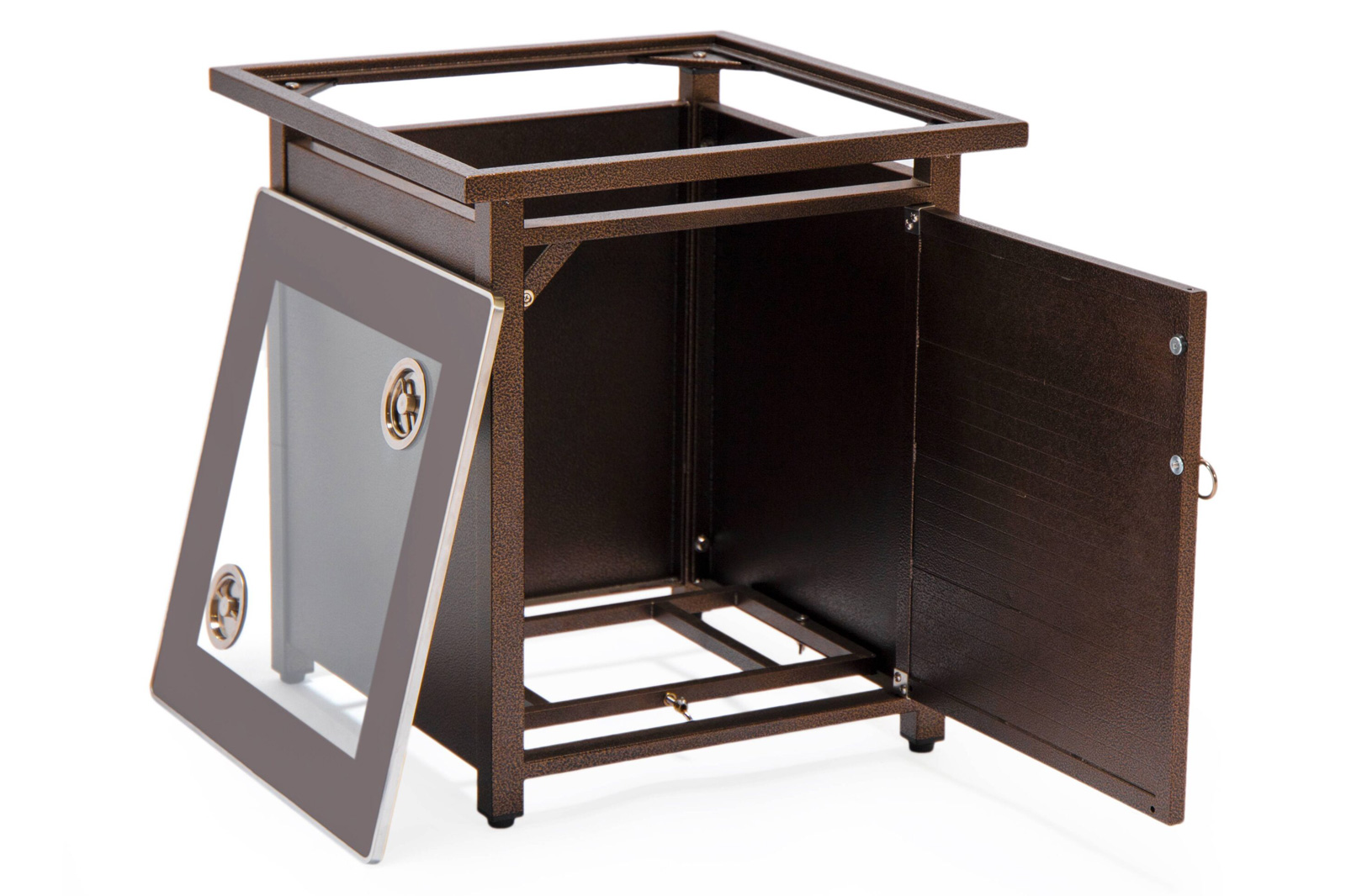 LeisureMod Walbrooke Modern Brown Patio Conversation With Square Fire Pit With Slats Design & Tank Holder - Gray