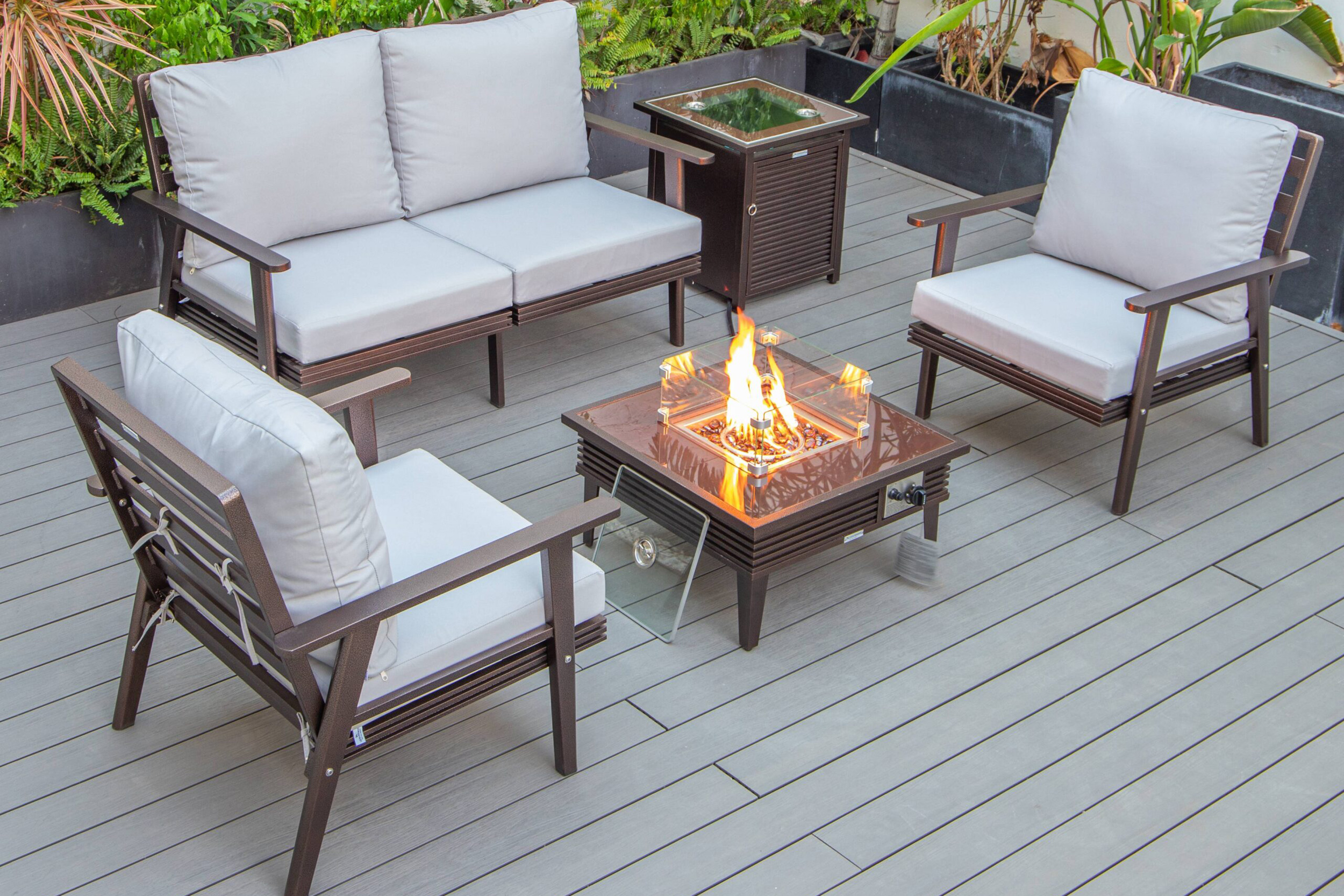 LeisureMod - Walbrooke Modern Black Patio Conversation With Square Fire Pit With Slats Design & Tank Holder