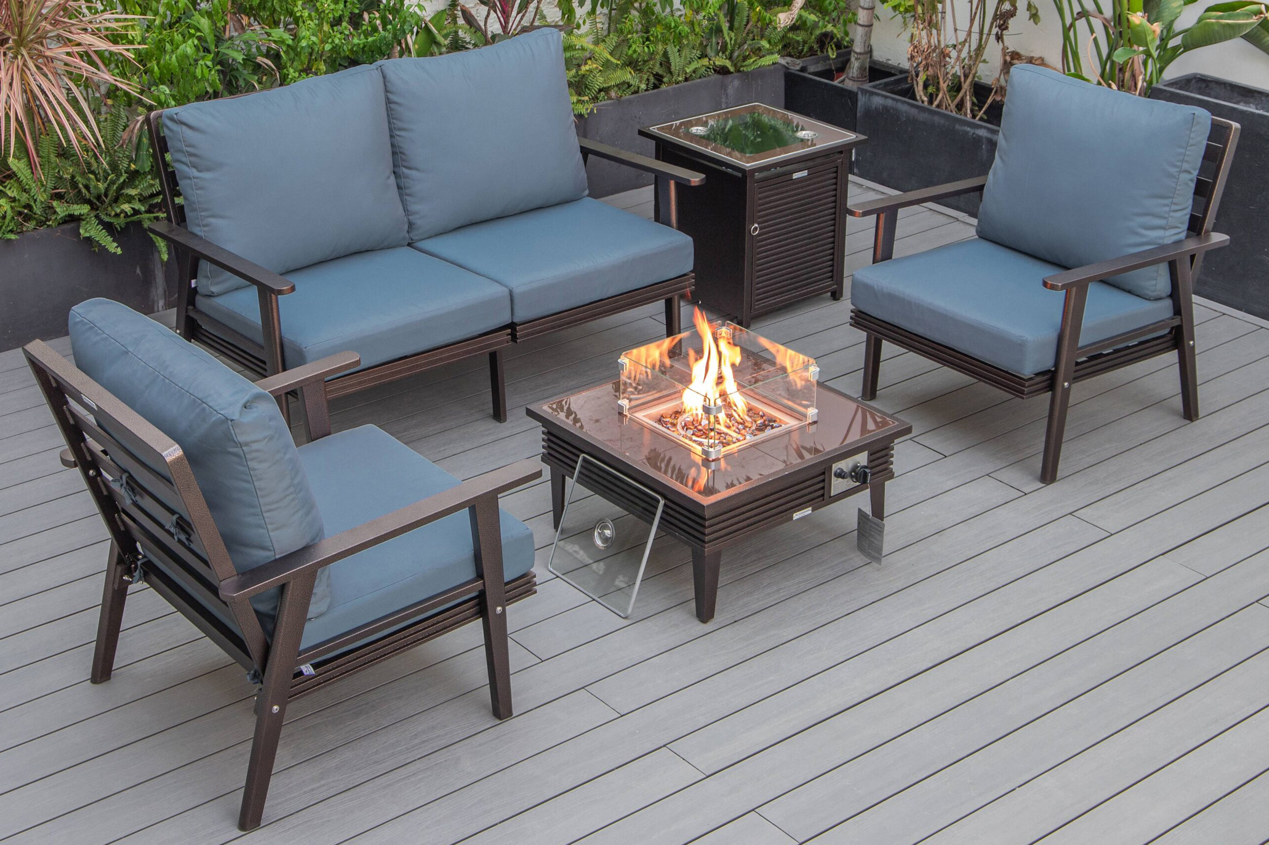 LeisureMod - Walbrooke Modern Black Patio Conversation With Square Fire Pit With Slats Design & Tank Holder