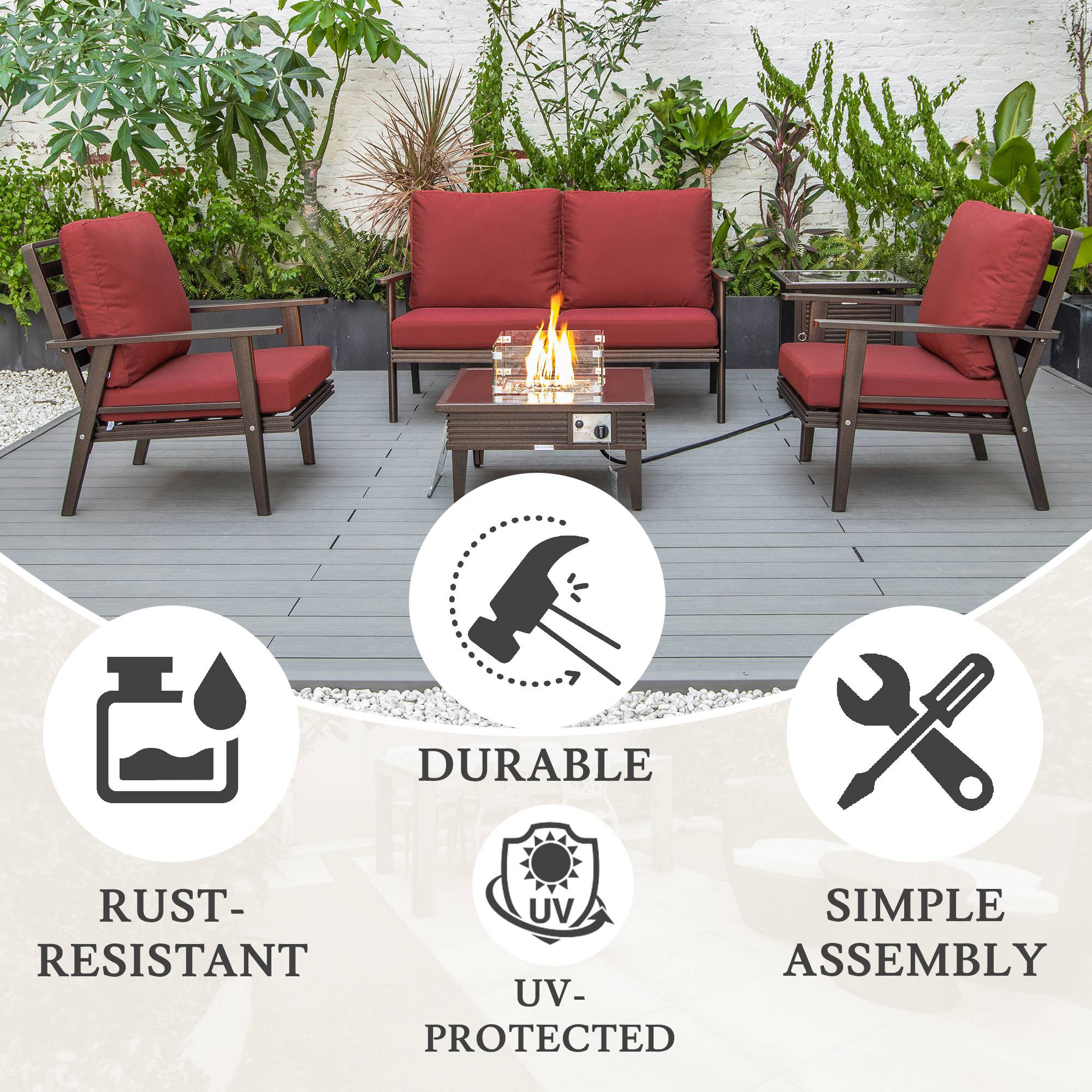 LeisureMod - Walbrooke Modern Black Patio Conversation With Square Fire Pit With Slats Design & Tank Holder
