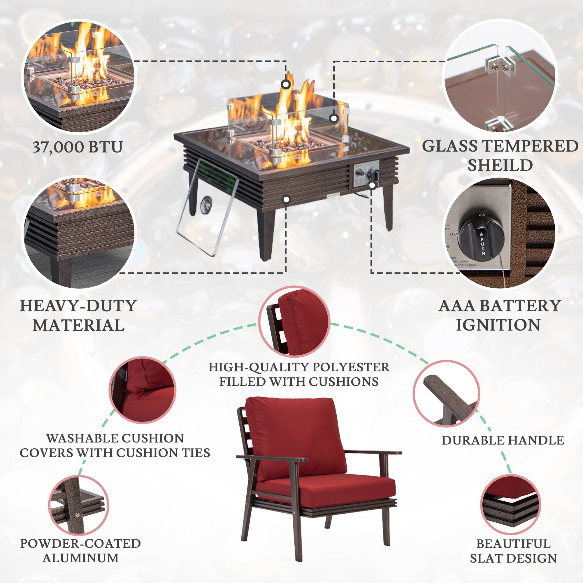 LeisureMod Walbrooke Modern Brown Patio Conversation With Square Fire Pit With Slats Design & Tank Holder - Red