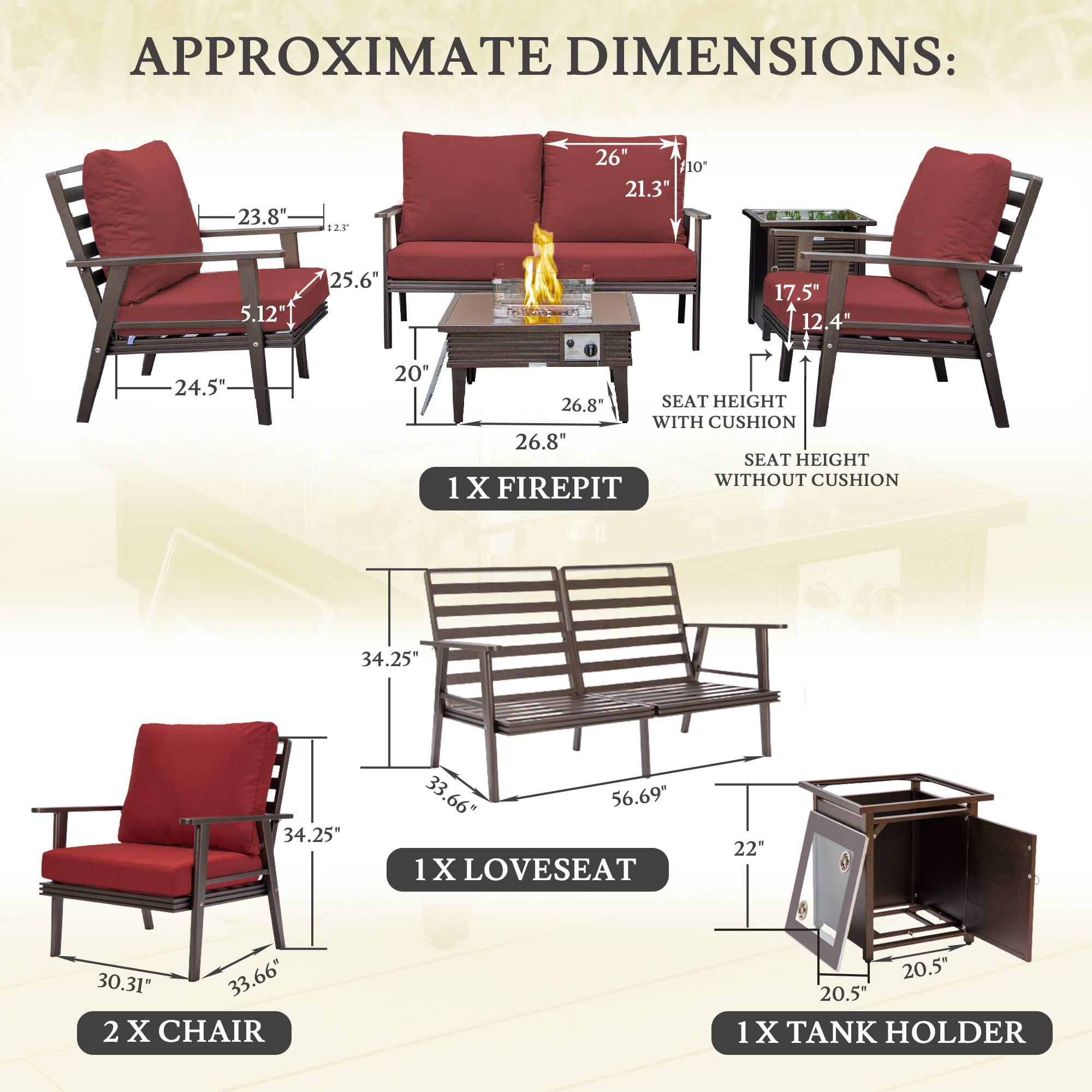 LeisureMod Walbrooke Modern Brown Patio Conversation With Square Fire Pit With Slats Design & Tank Holder - Red