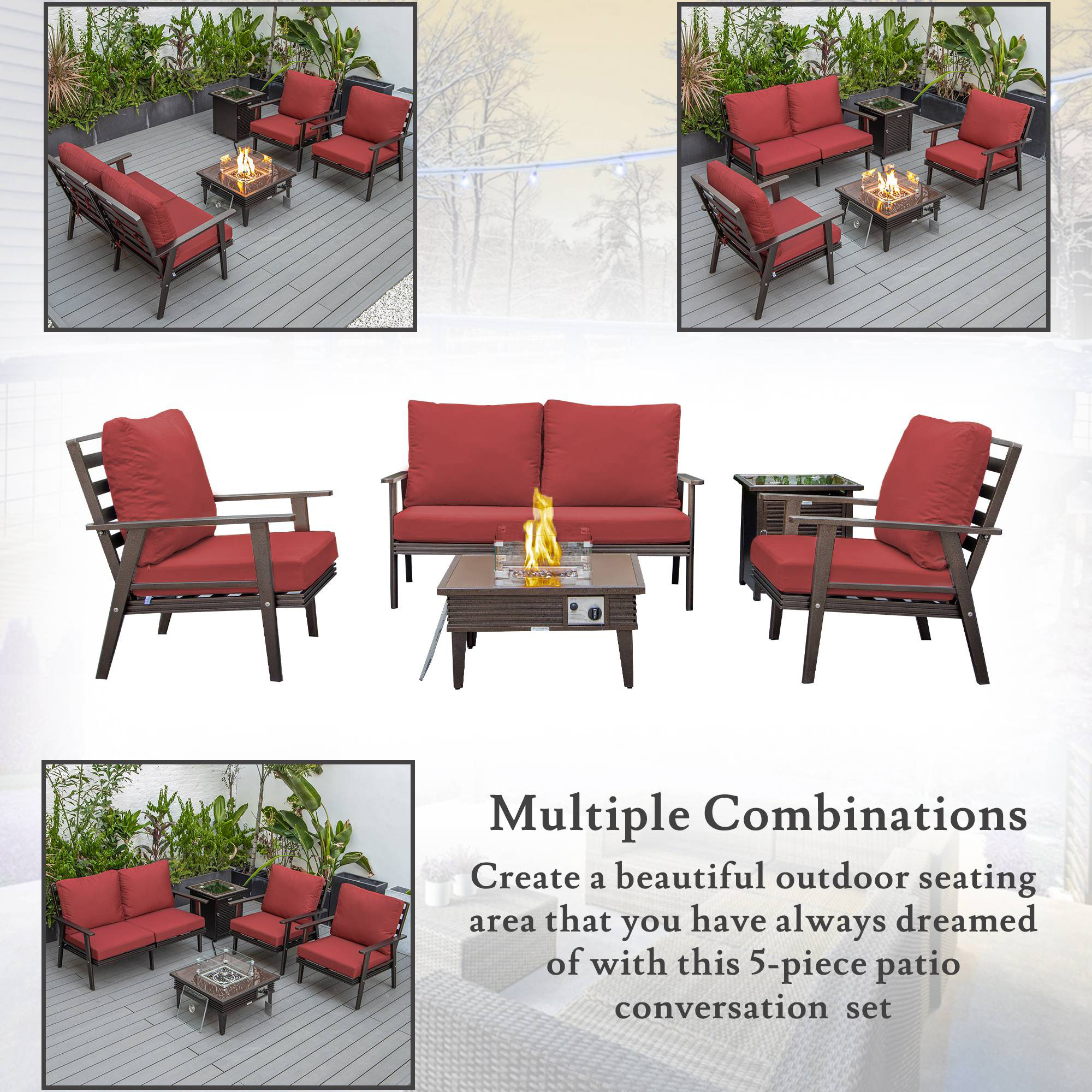 LeisureMod Walbrooke Modern Brown Patio Conversation With Square Fire Pit With Slats Design & Tank Holder - Red