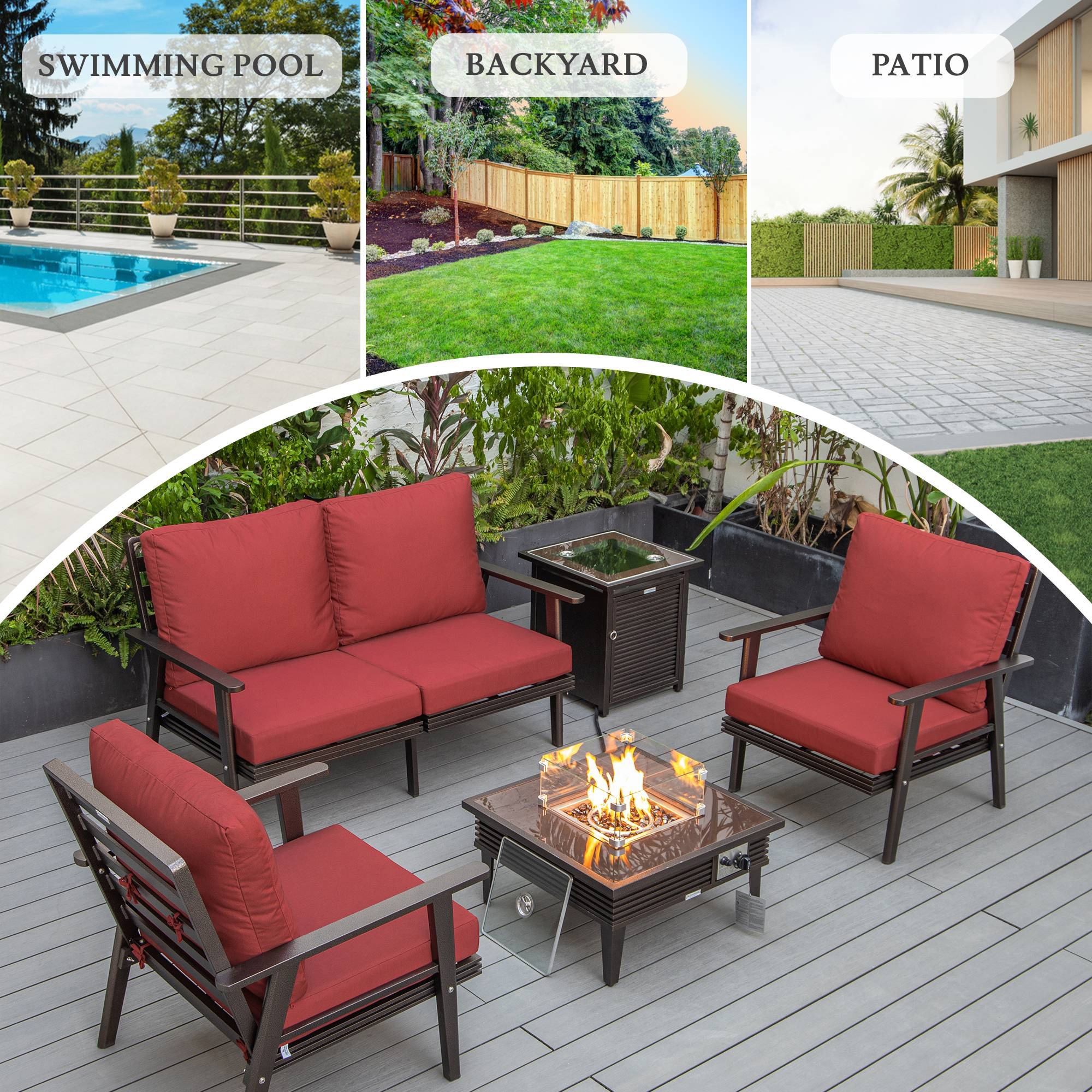 LeisureMod Walbrooke Modern Brown Patio Conversation With Square Fire Pit With Slats Design & Tank Holder - Red