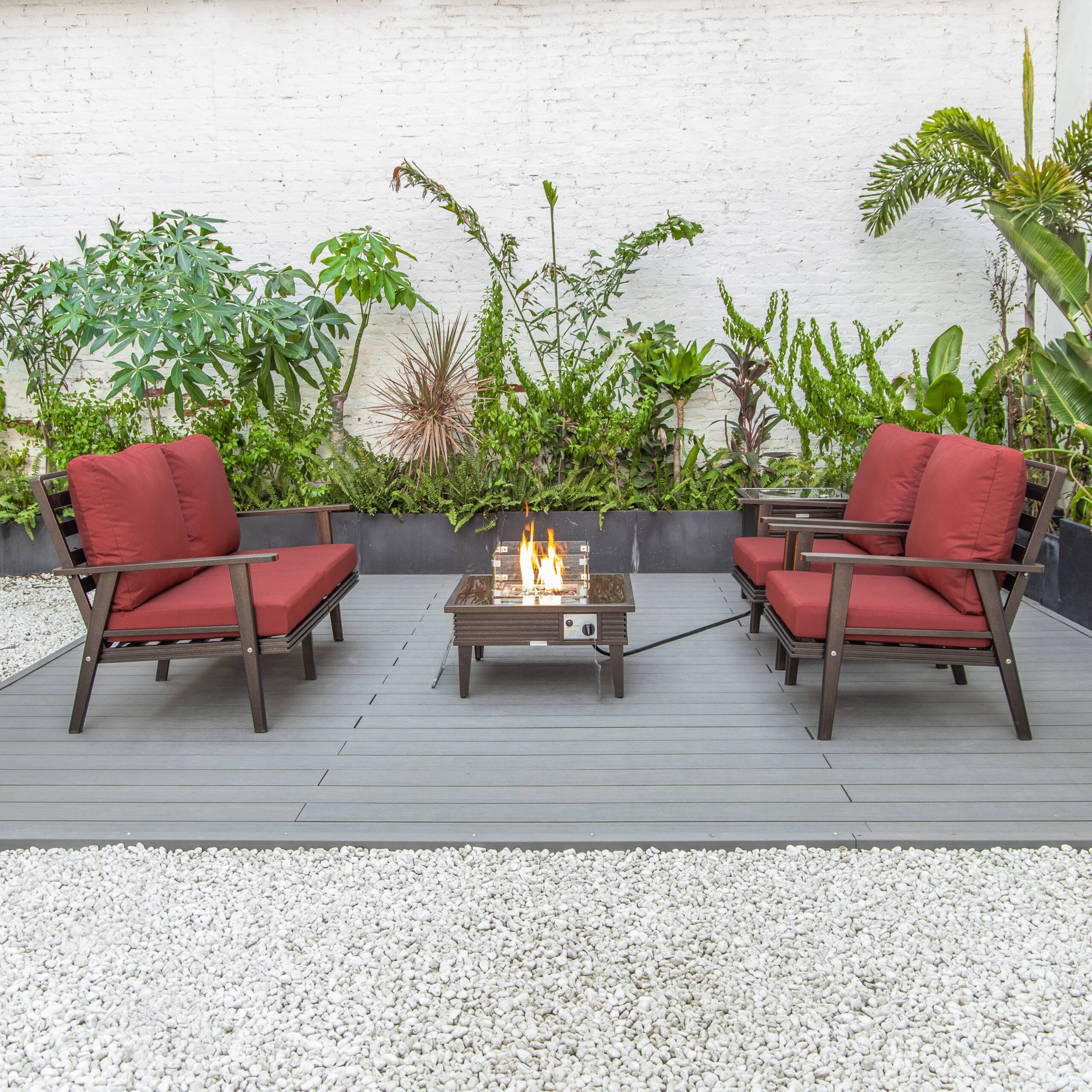 LeisureMod Walbrooke Modern Brown Patio Conversation With Square Fire Pit With Slats Design & Tank Holder - Red
