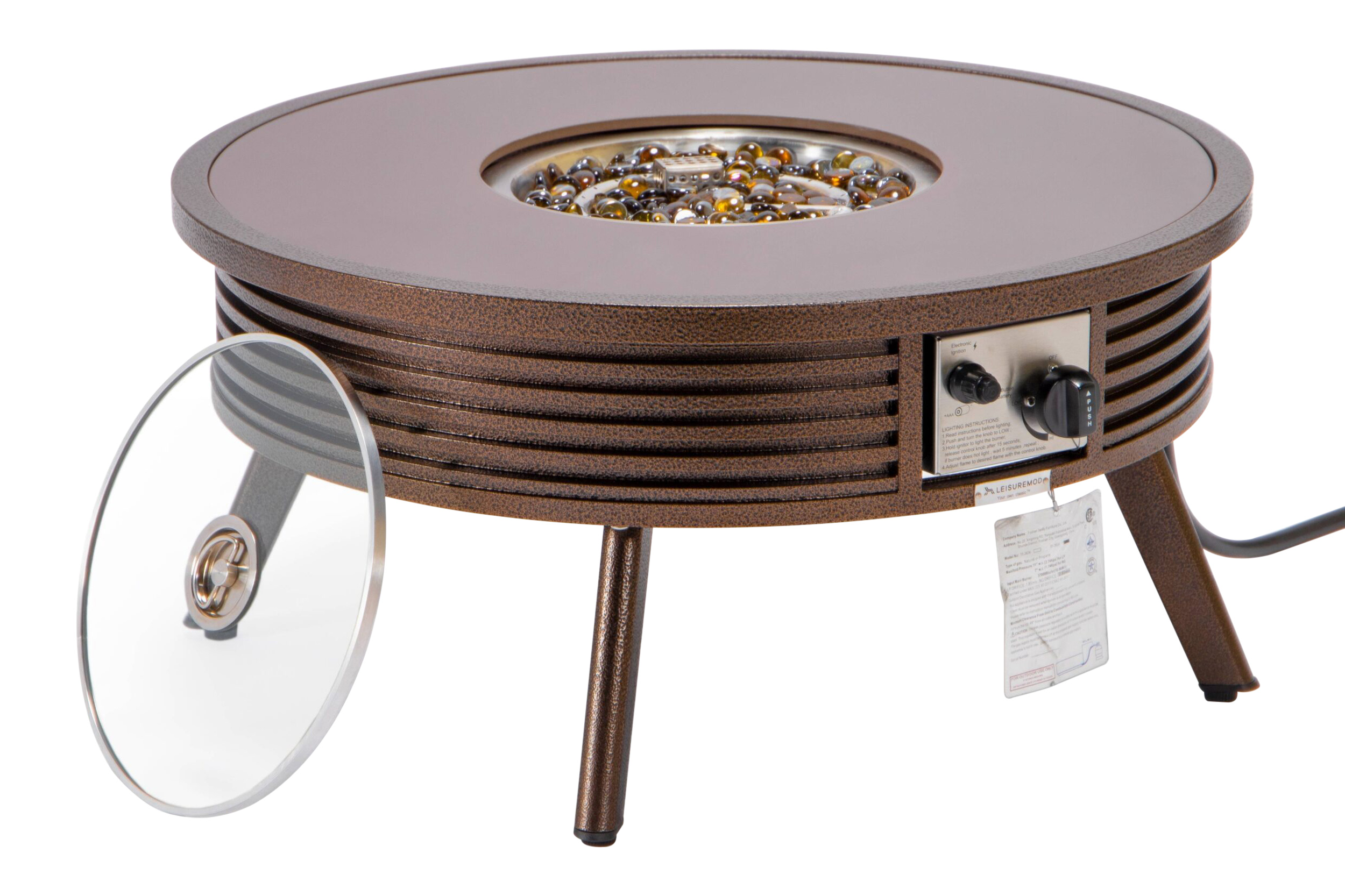 LeisureMod Walbrooke Modern Outdoor Round Fire Pit Table with Powder-Coated Aluminum Frame and Slats Design - Brown