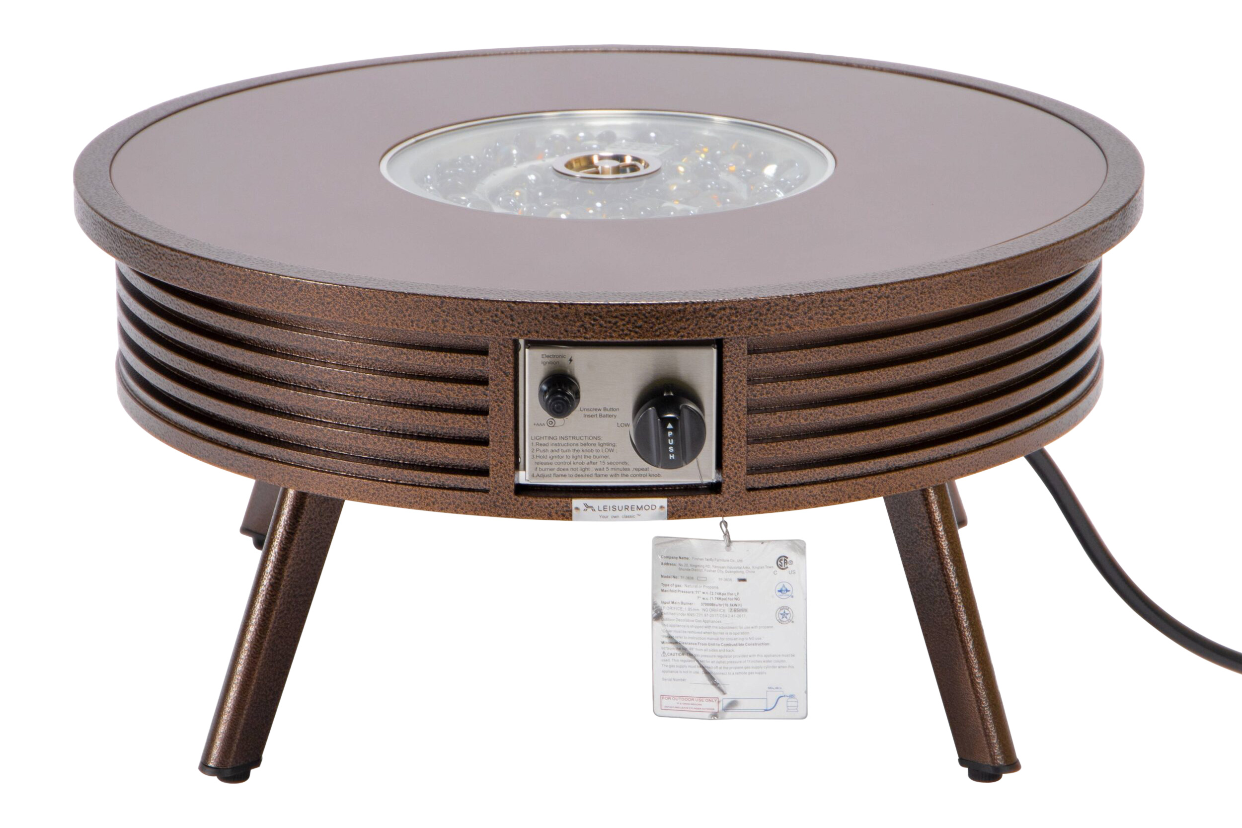 LeisureMod Walbrooke Modern Outdoor Round Fire Pit Table with Powder-Coated Aluminum Frame and Slats Design - Brown