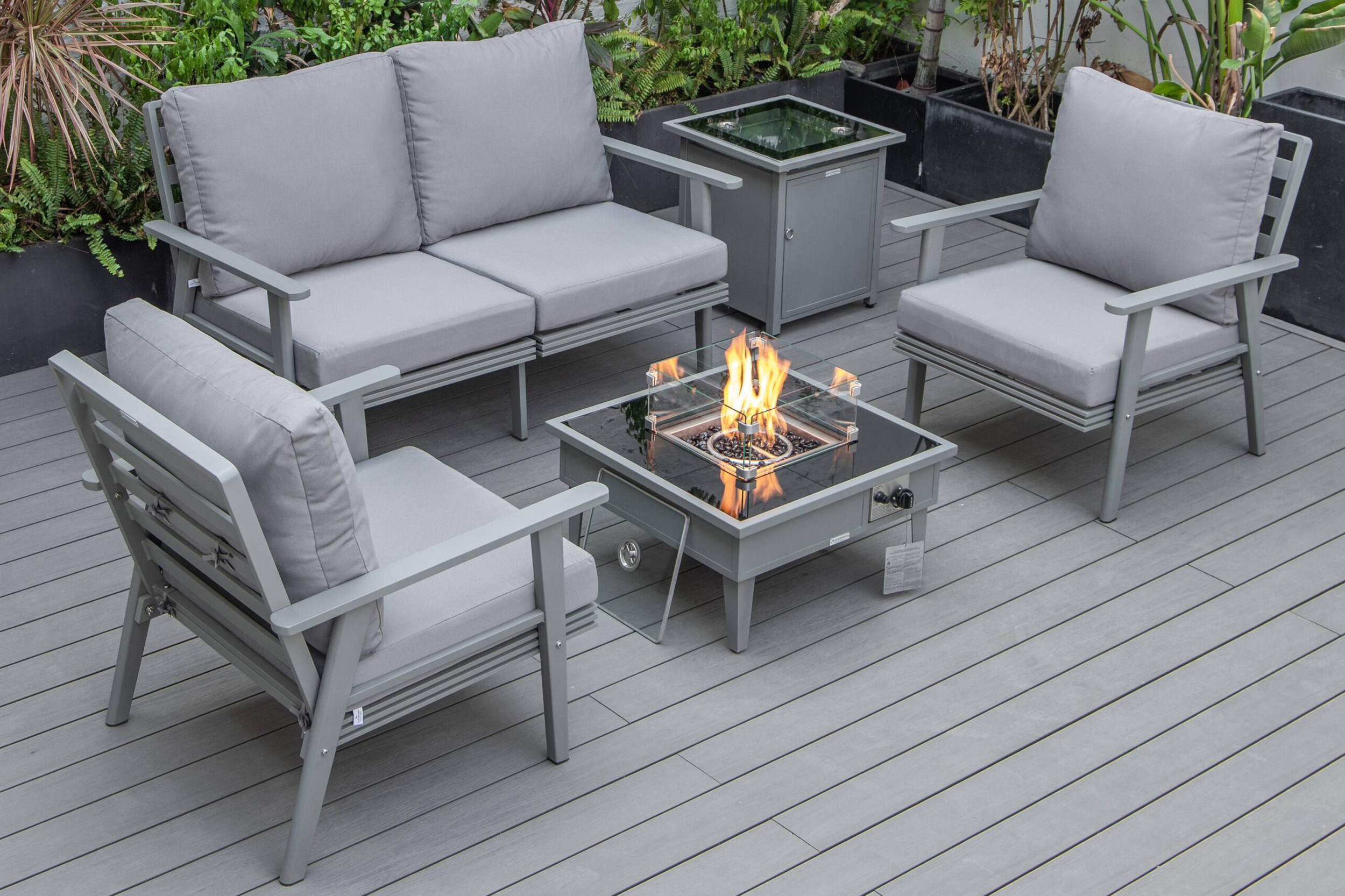 LeisureMod - Walbrooke Modern Black Patio Conversation With Square Fire Pit & Tank Holder