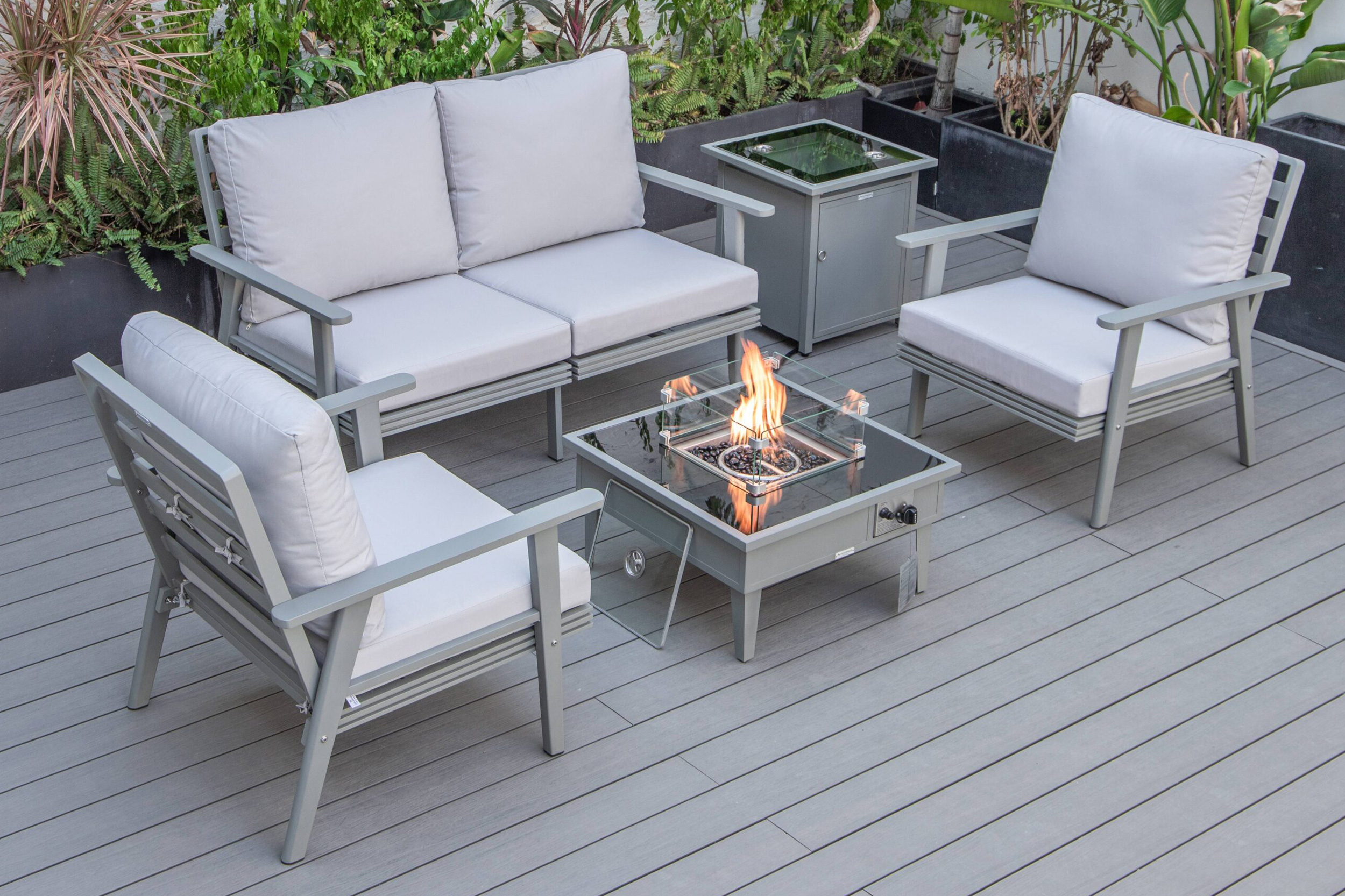 LeisureMod - Walbrooke Modern Black Patio Conversation With Square Fire Pit & Tank Holder