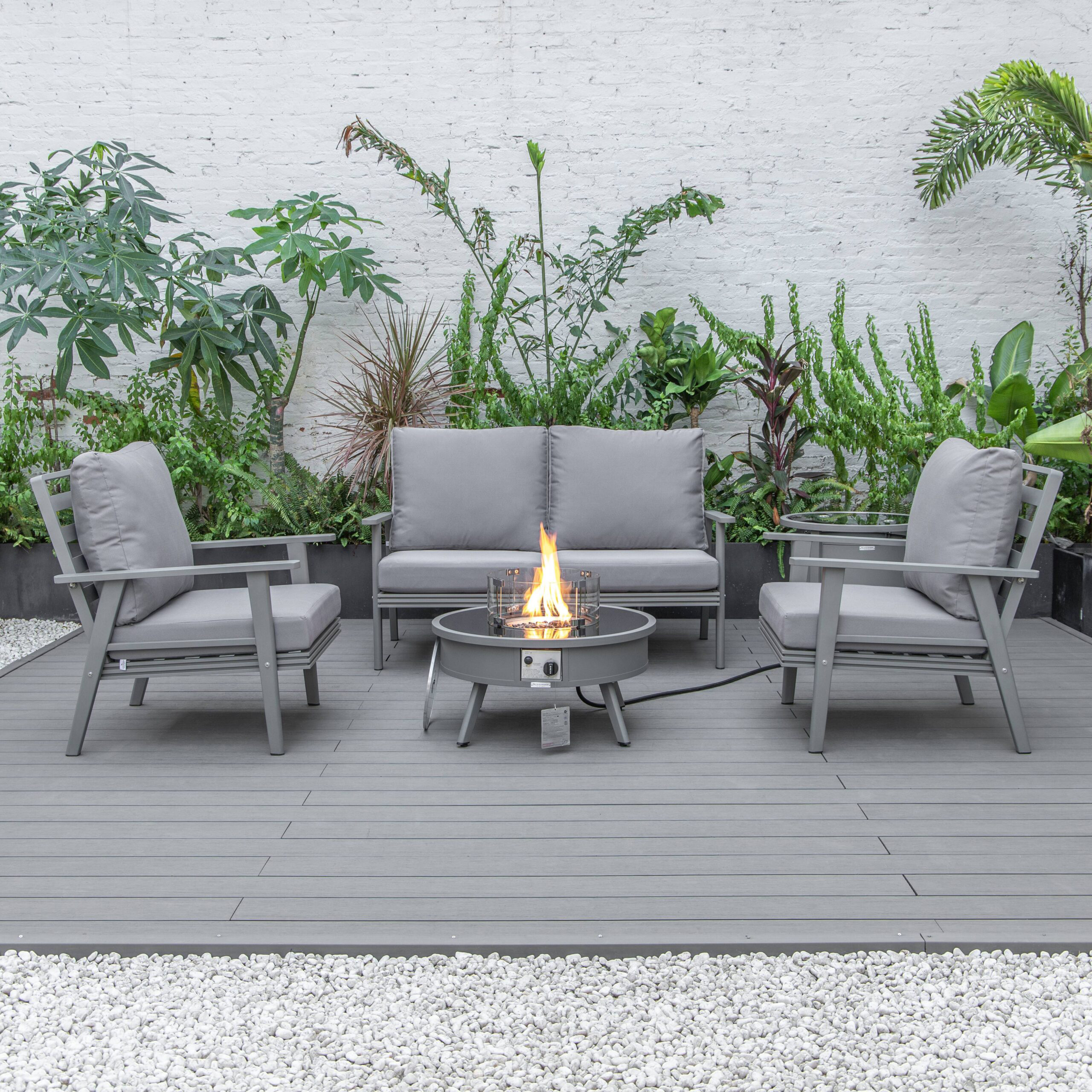 LeisureMod Walbrooke Modern Gray Patio Conversation With Round Fire Pit & Tank Holder - Gray
