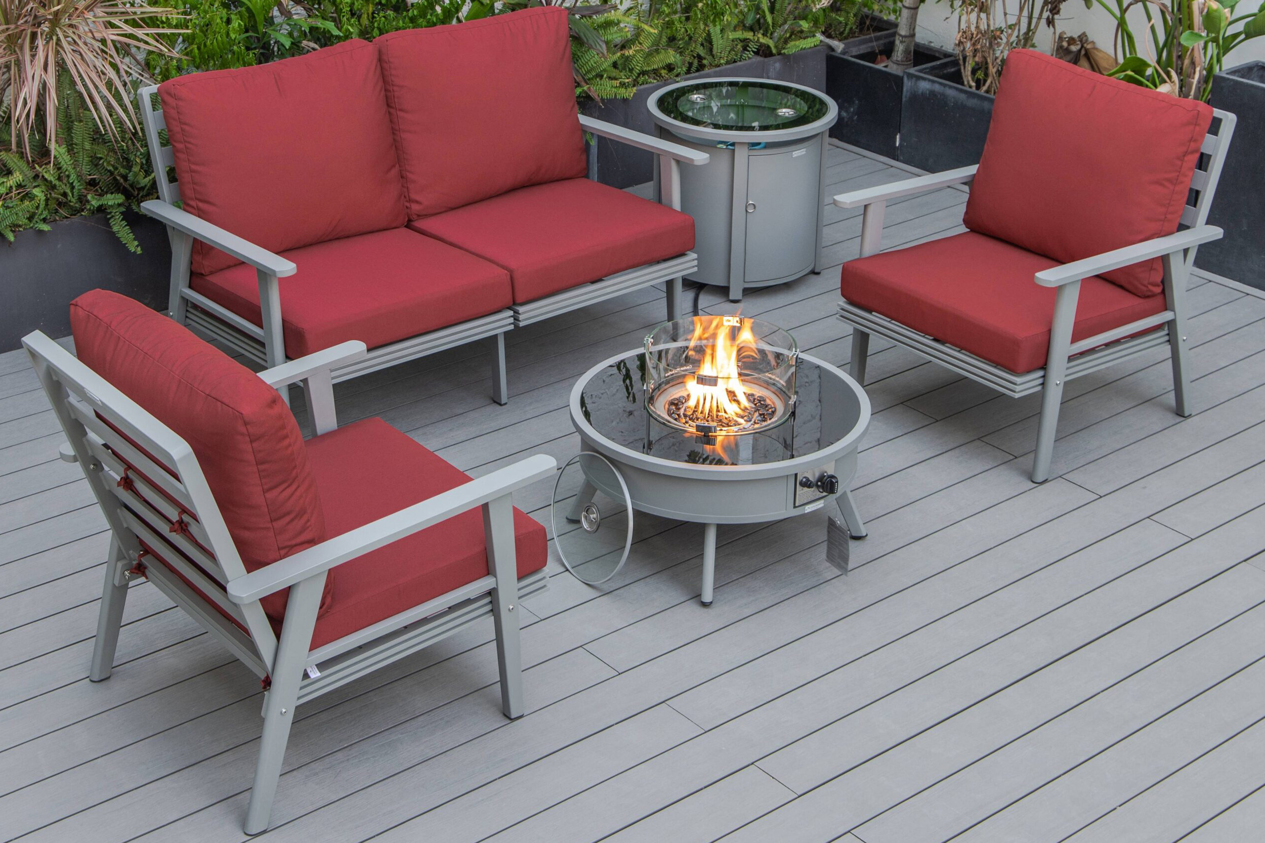 LeisureMod - Walbrooke Modern Black Patio Conversation With Round Fire Pit & Tank Holder