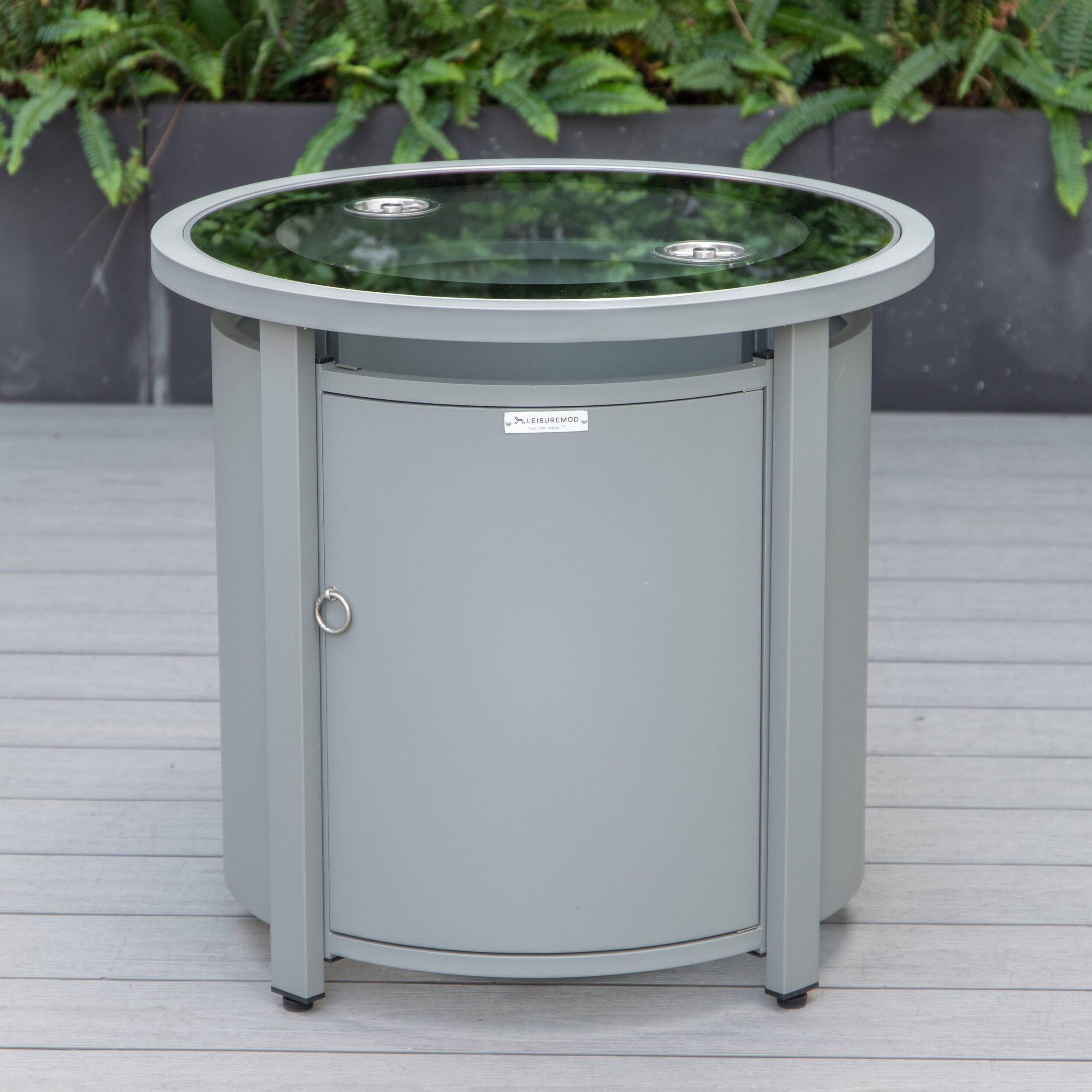 LeisureMod Walbrooke Modern Gray Patio Conversation With Round Fire Pit & Tank Holder - Red