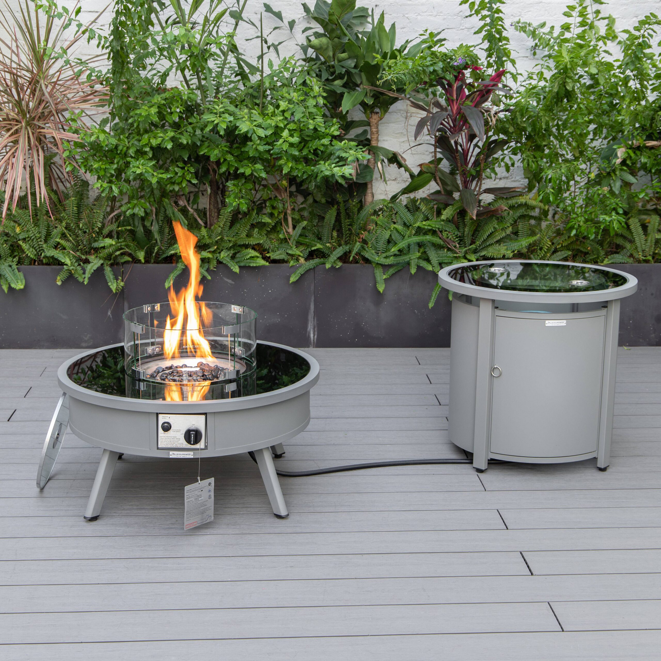 LeisureMod - Walbrooke Outdoor Patio Round Fire Pit and Tank Holder