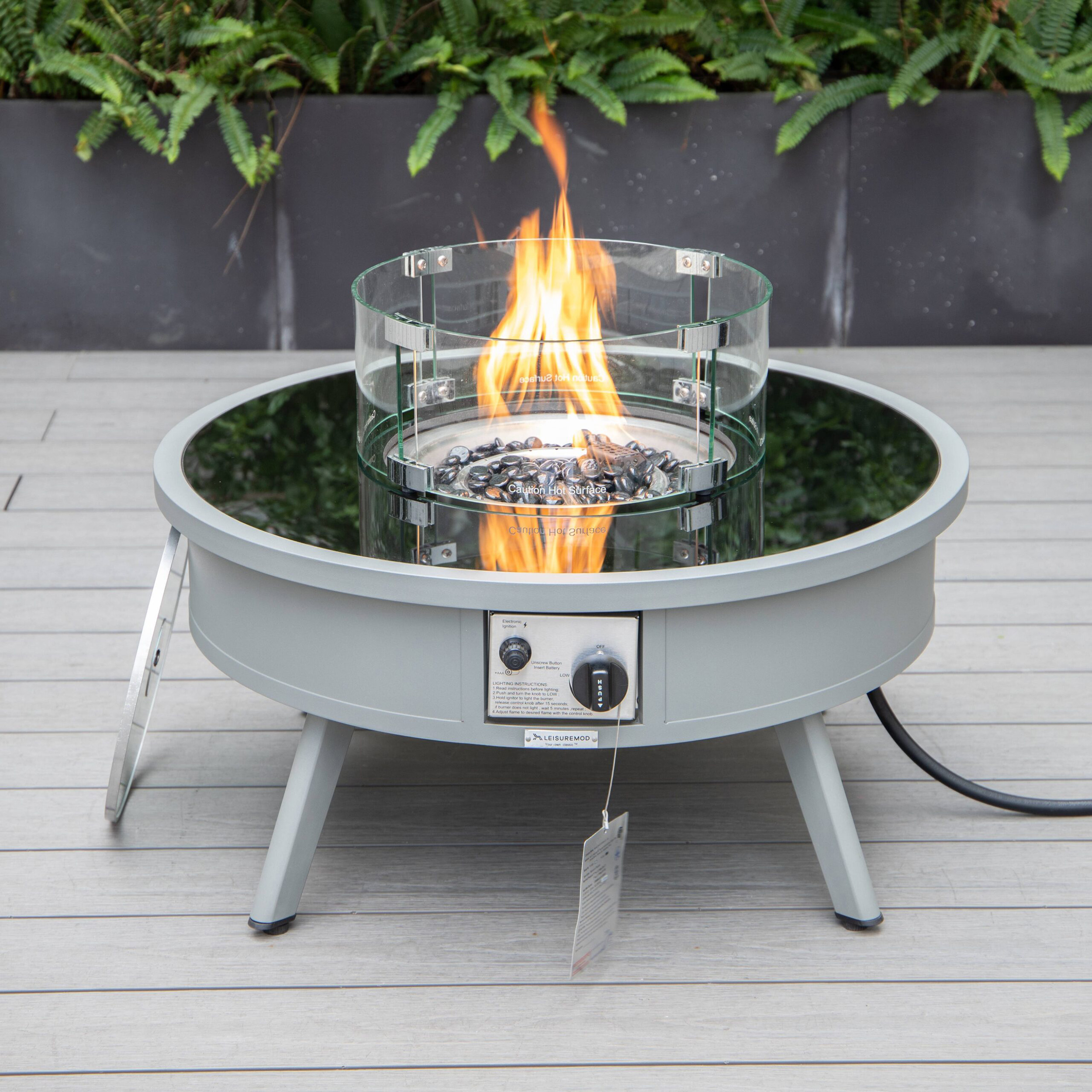 LeisureMod Walbrooke Modern Outdoor Round Fire Pit Table with Powder-Coated Aluminum Frame - Gray