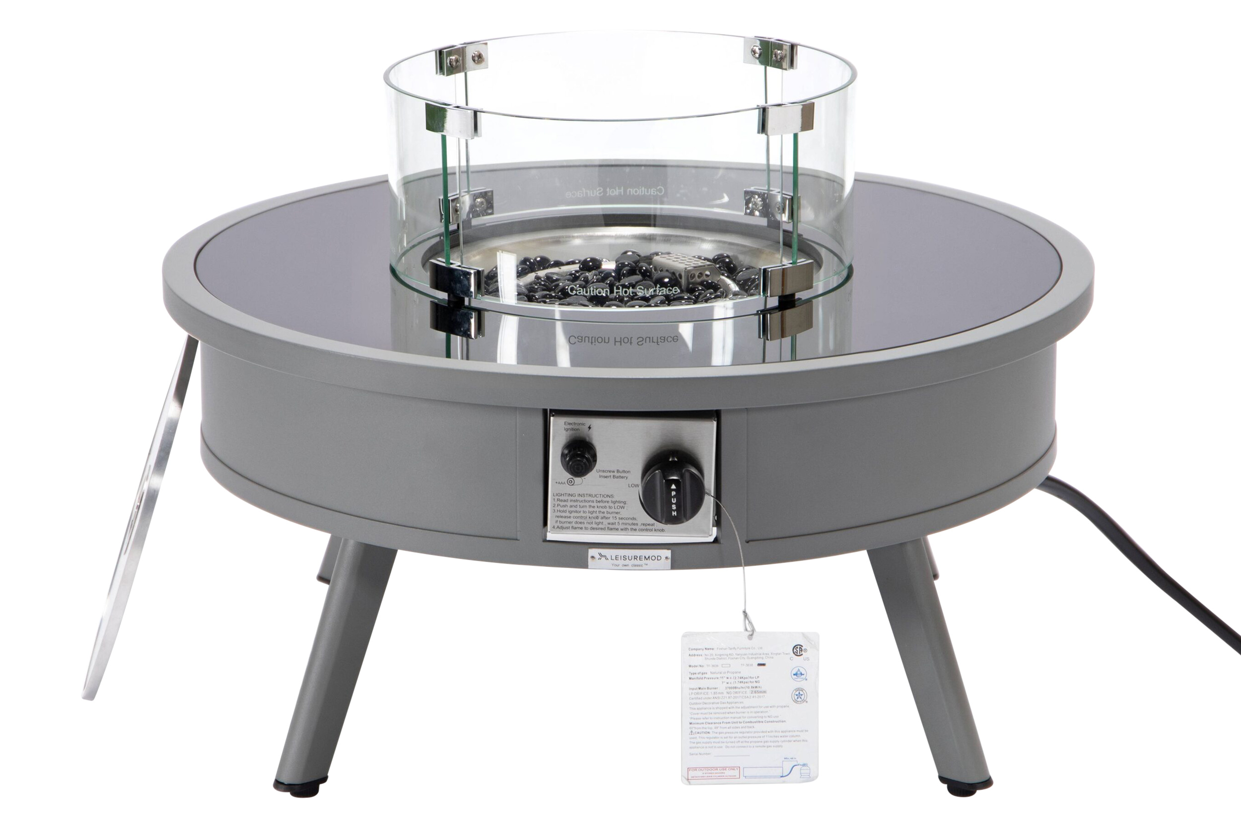 LeisureMod Walbrooke Modern Outdoor Round Fire Pit Table with Powder-Coated Aluminum Frame - Gray