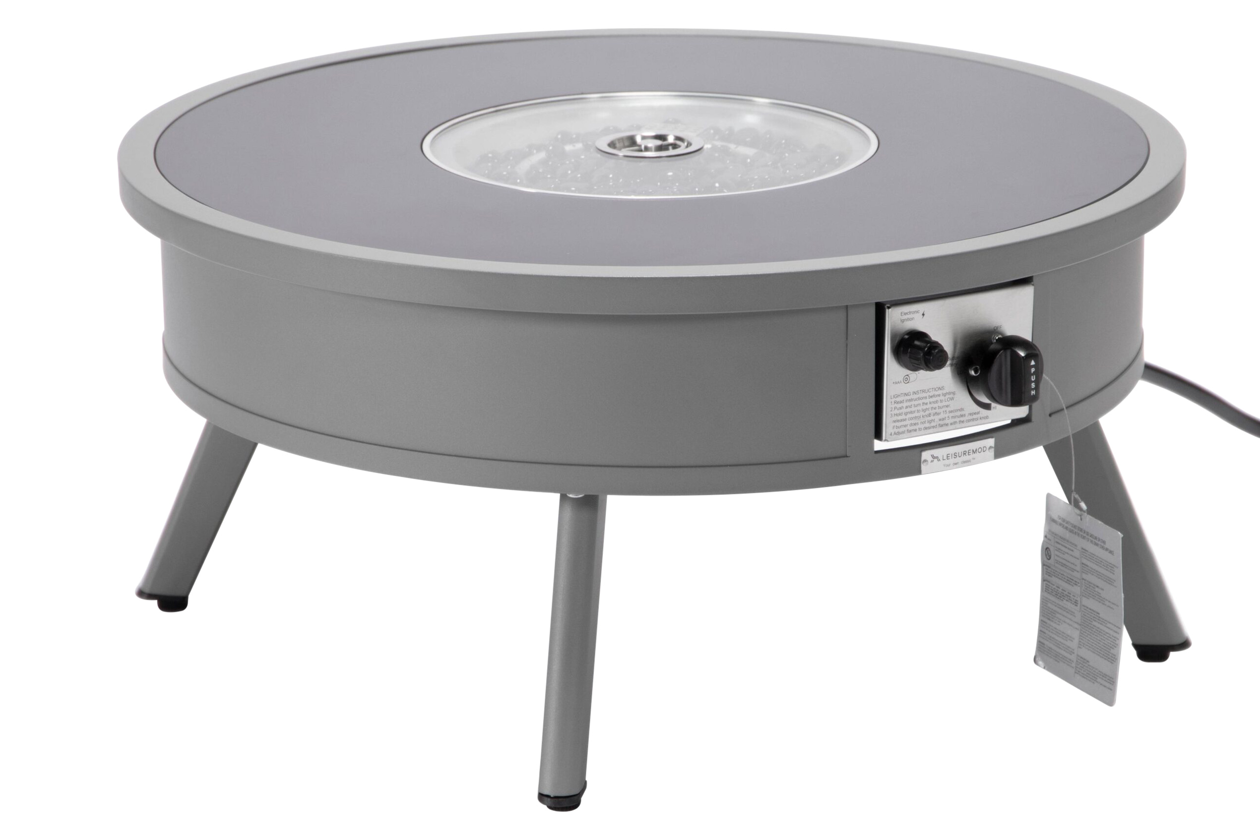 LeisureMod Walbrooke Modern Outdoor Round Fire Pit Table with Powder-Coated Aluminum Frame - Gray