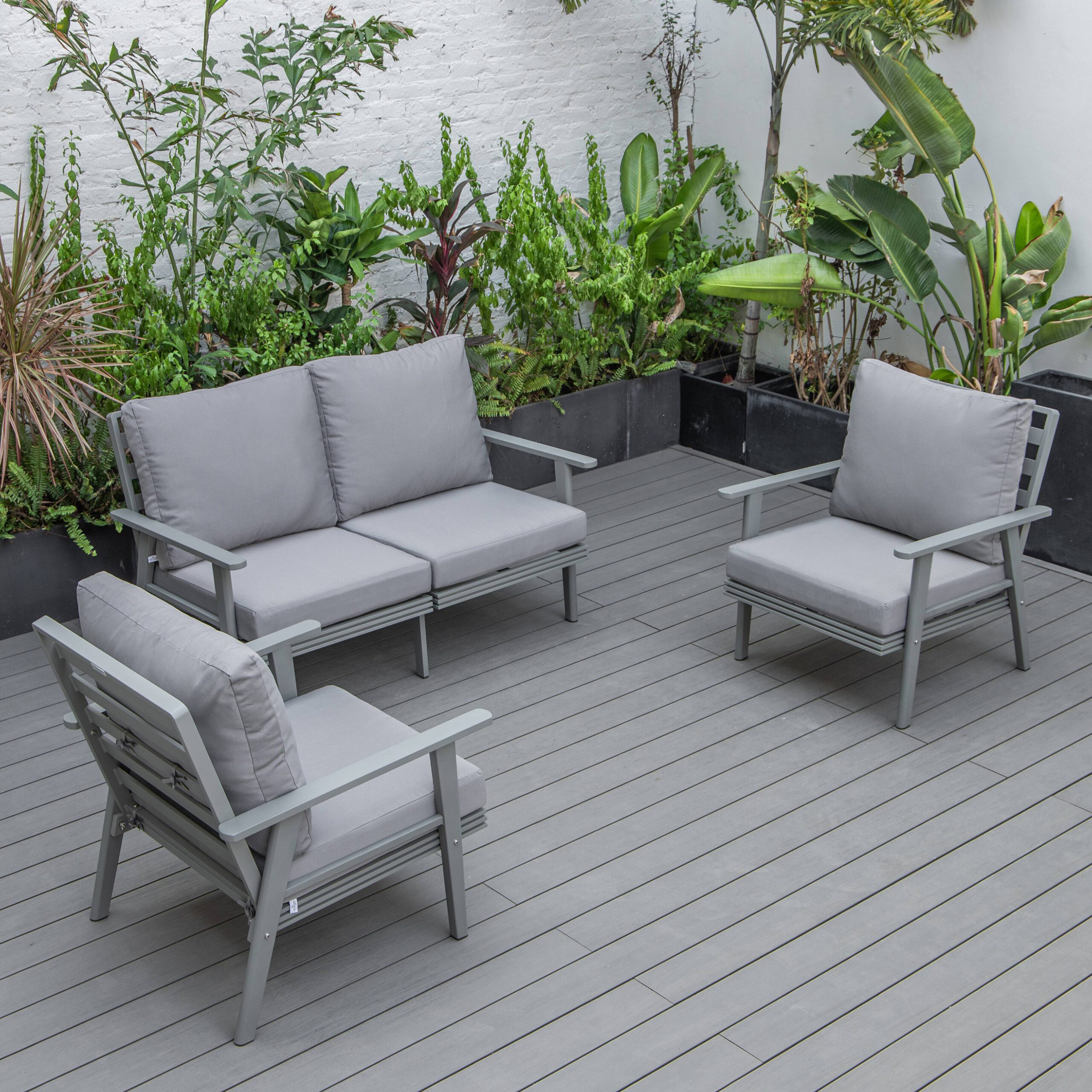 LeisureMod - Walbrooke Modern 3-Piece Outdoor Patio Set with Gray Aluminum Frame