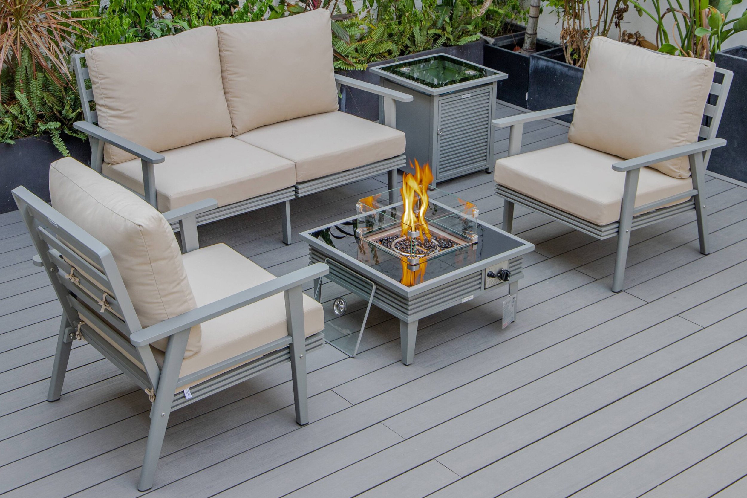 LeisureMod - Walbrooke Modern Black Patio Conversation With Square Fire Pit With Slats Design & Tank Holder