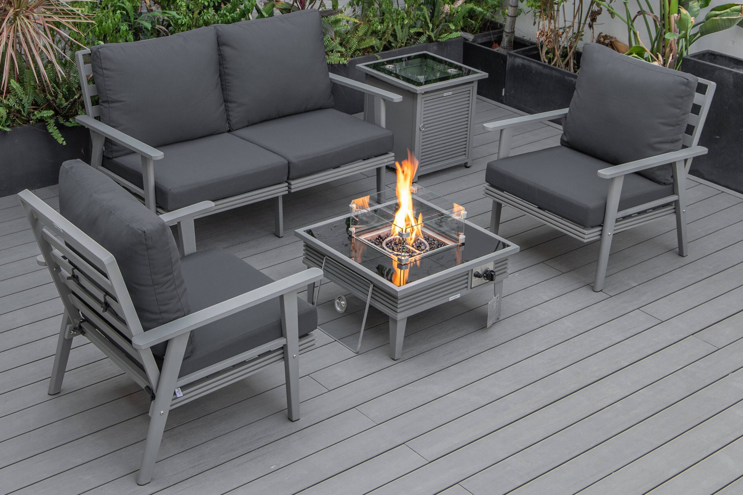 LeisureMod - Walbrooke Modern Black Patio Conversation With Square Fire Pit With Slats Design & Tank Holder