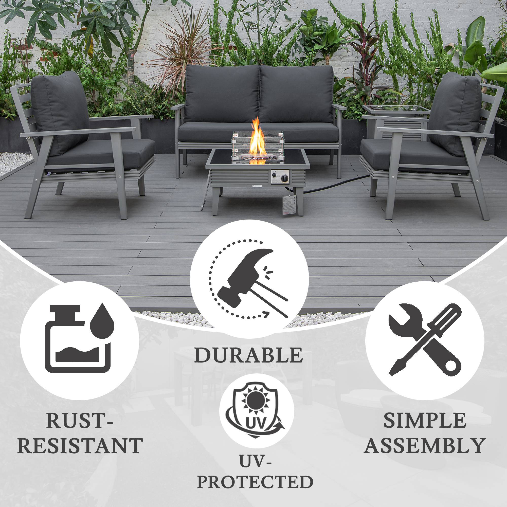 LeisureMod Walbrooke Modern Gray Patio Conversation With Square Fire Pit With Slats Design & Tank Holder - Charcoal