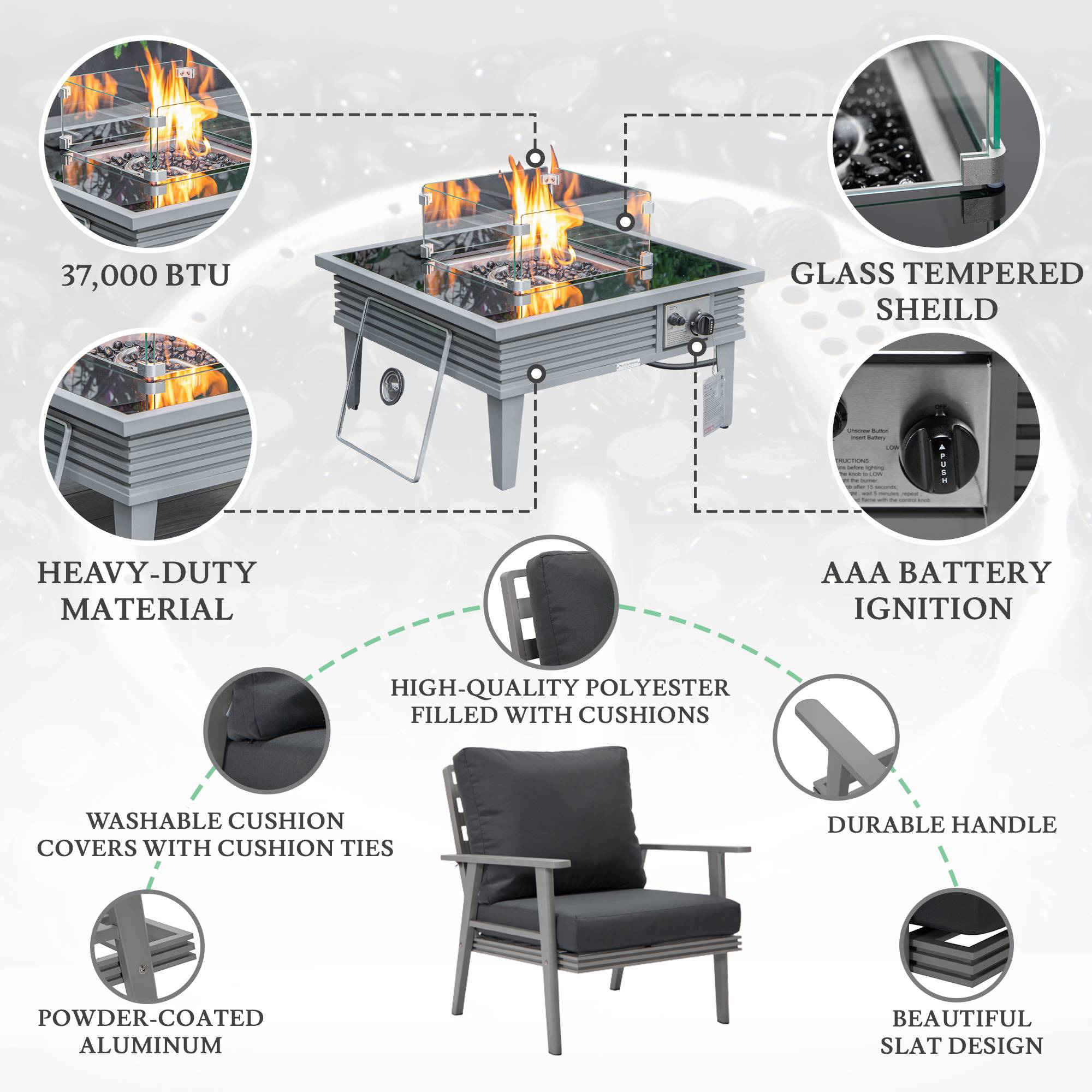 LeisureMod Walbrooke Modern Gray Patio Conversation With Square Fire Pit With Slats Design & Tank Holder - Charcoal