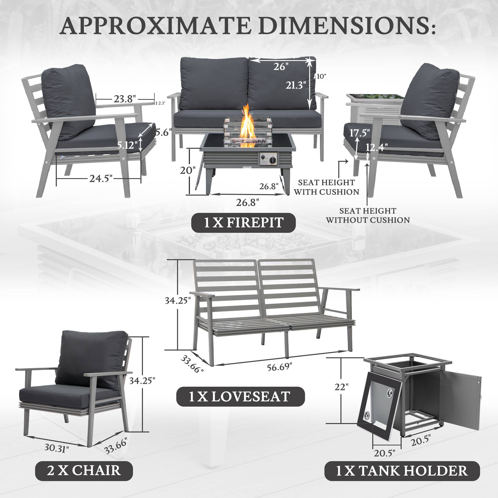 LeisureMod Walbrooke Modern Gray Patio Conversation With Square Fire Pit With Slats Design & Tank Holder - Charcoal