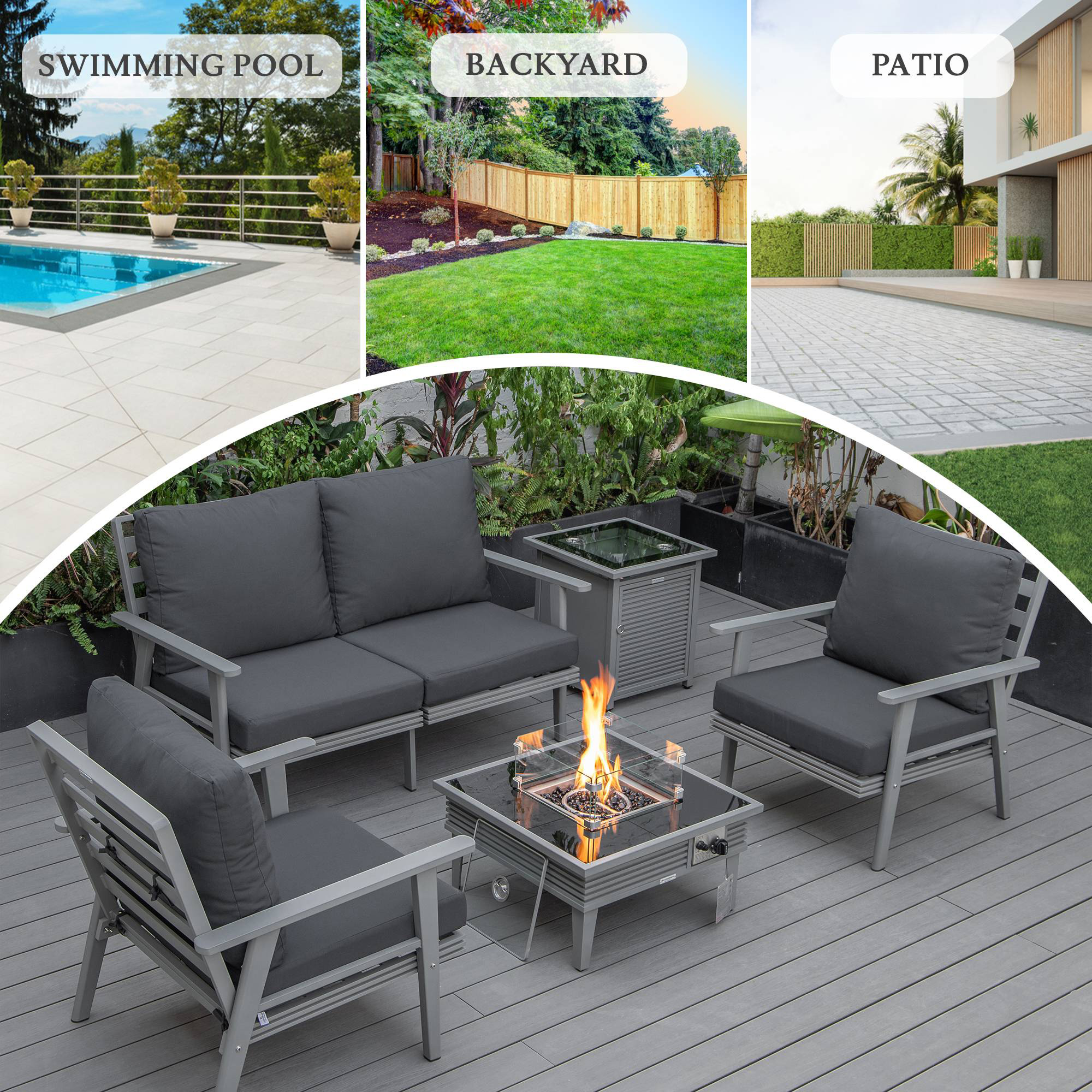 LeisureMod Walbrooke Modern Gray Patio Conversation With Square Fire Pit With Slats Design & Tank Holder - Charcoal