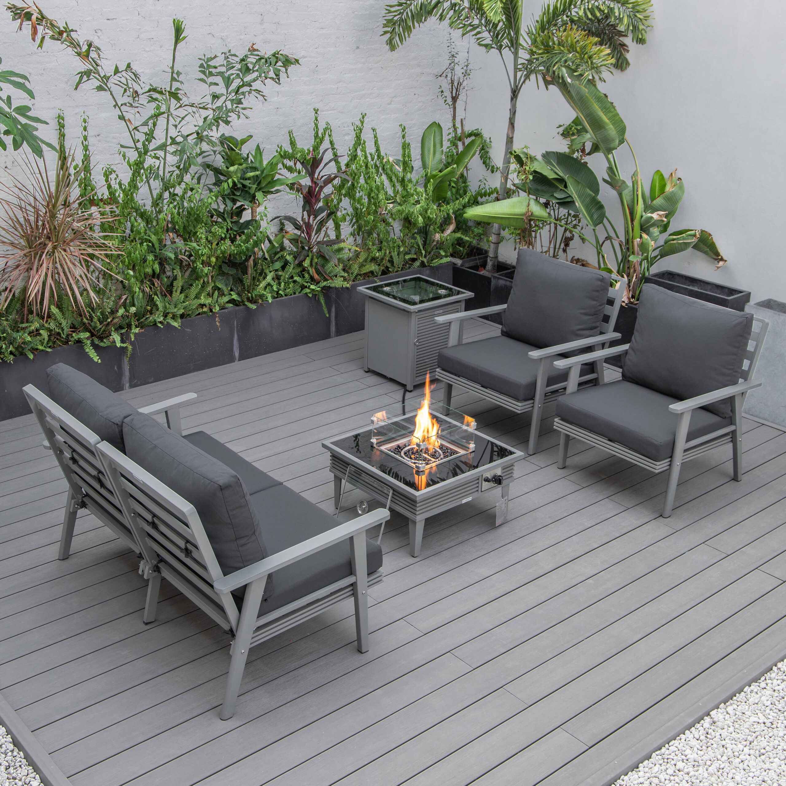 LeisureMod Walbrooke Modern Gray Patio Conversation With Square Fire Pit With Slats Design & Tank Holder - Charcoal