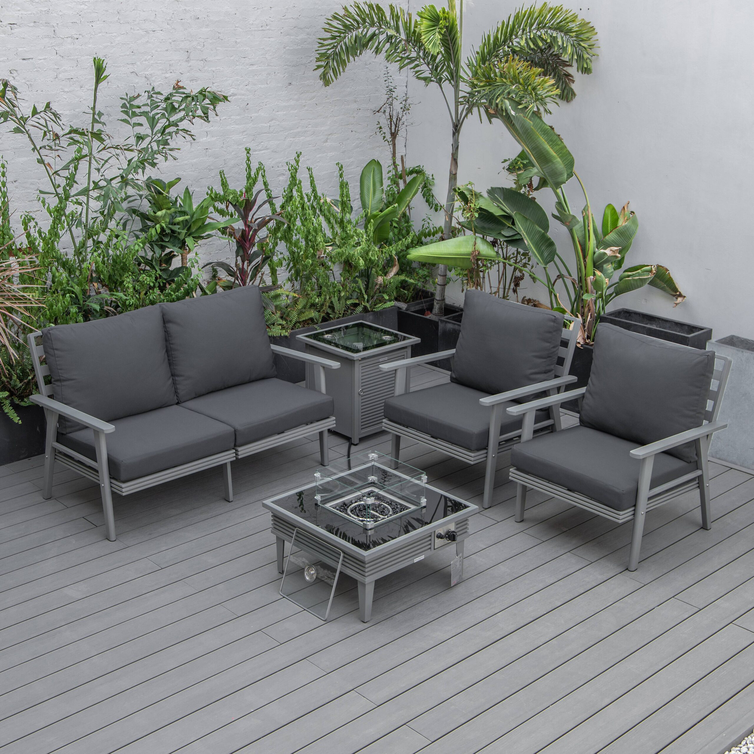 LeisureMod Walbrooke Modern Gray Patio Conversation With Square Fire Pit With Slats Design & Tank Holder - Charcoal