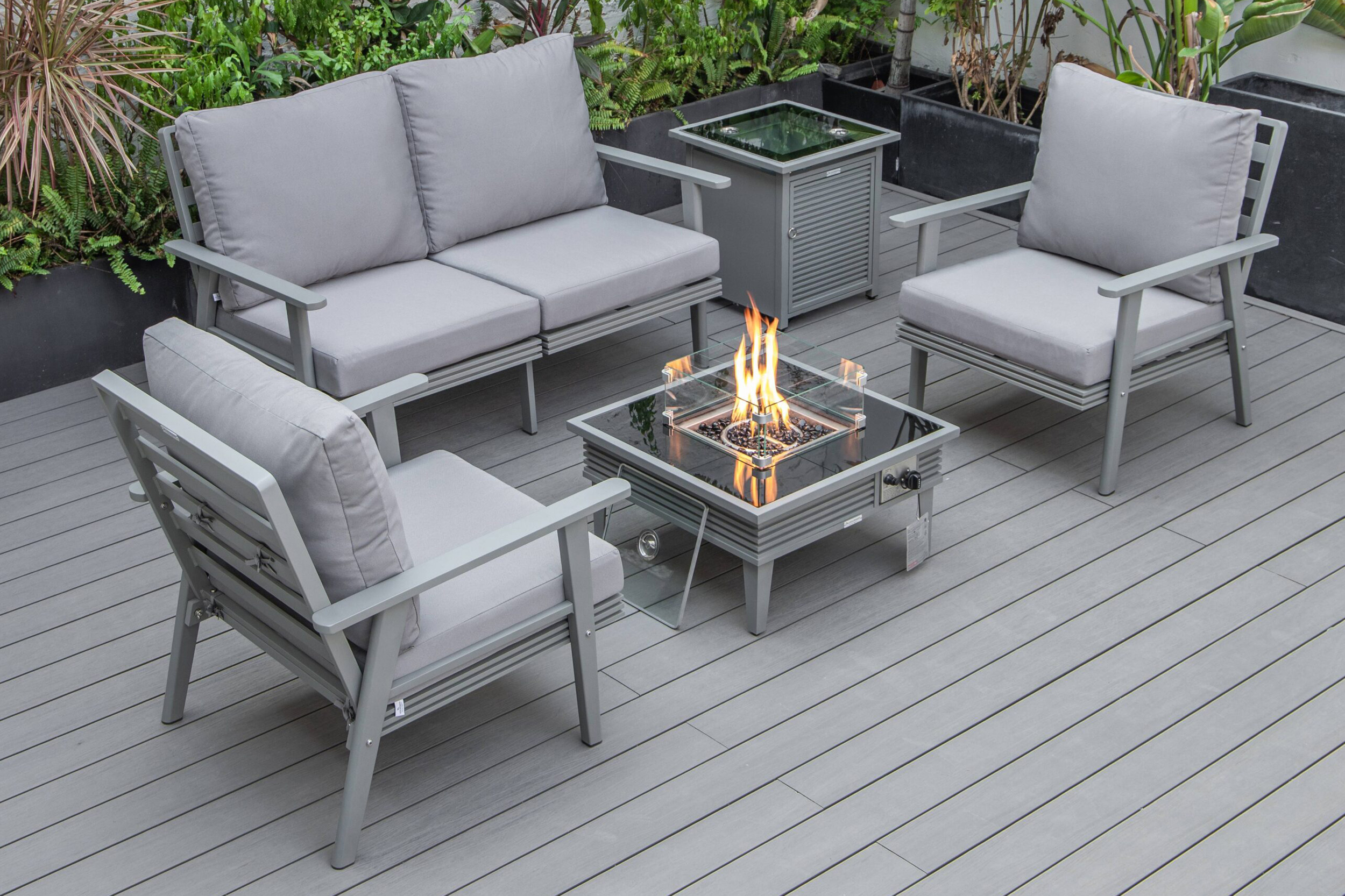 LeisureMod - Walbrooke Modern Black Patio Conversation With Square Fire Pit With Slats Design & Tank Holder