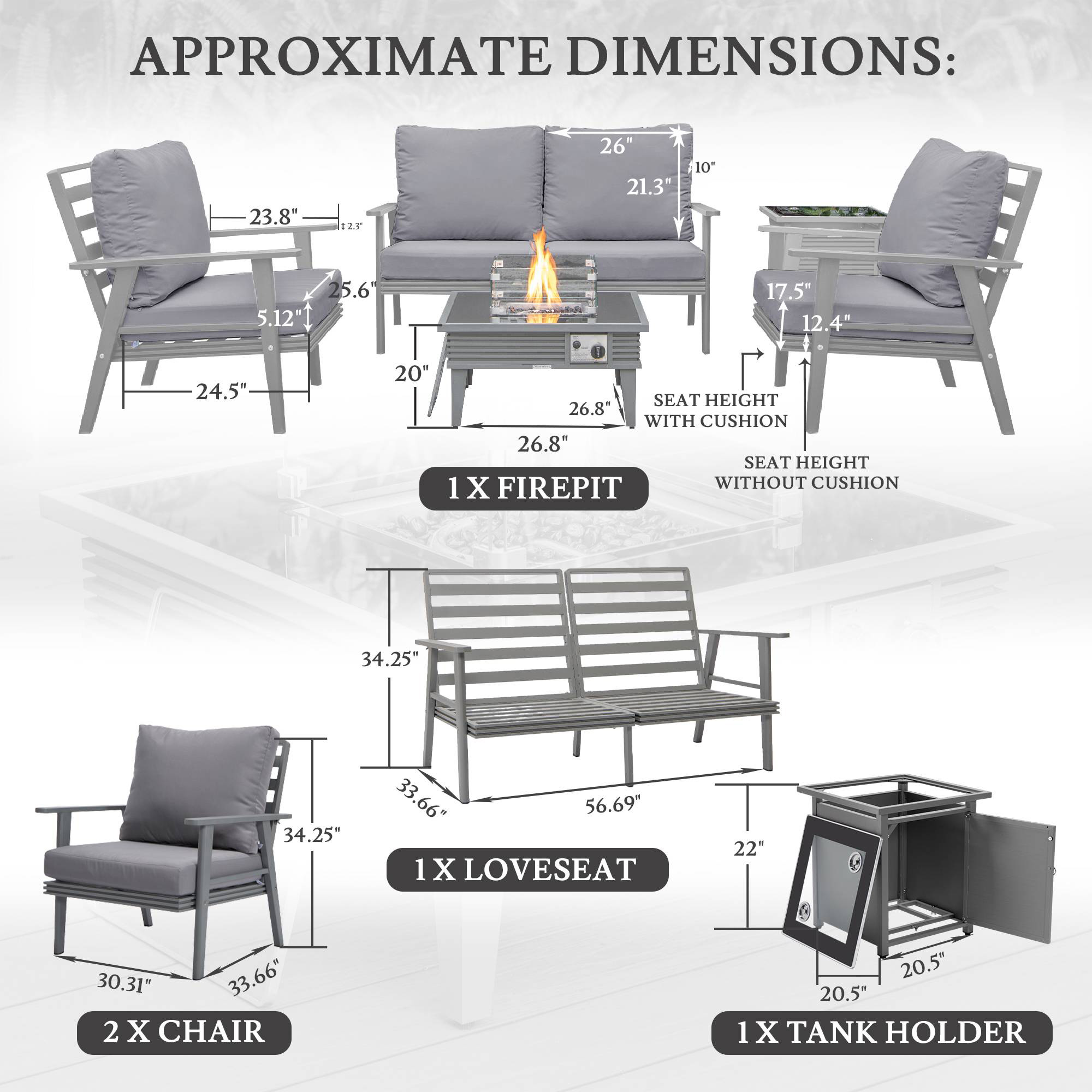LeisureMod Walbrooke Modern Gray Patio Conversation With Square Fire Pit With Slats Design & Tank Holder - Gray