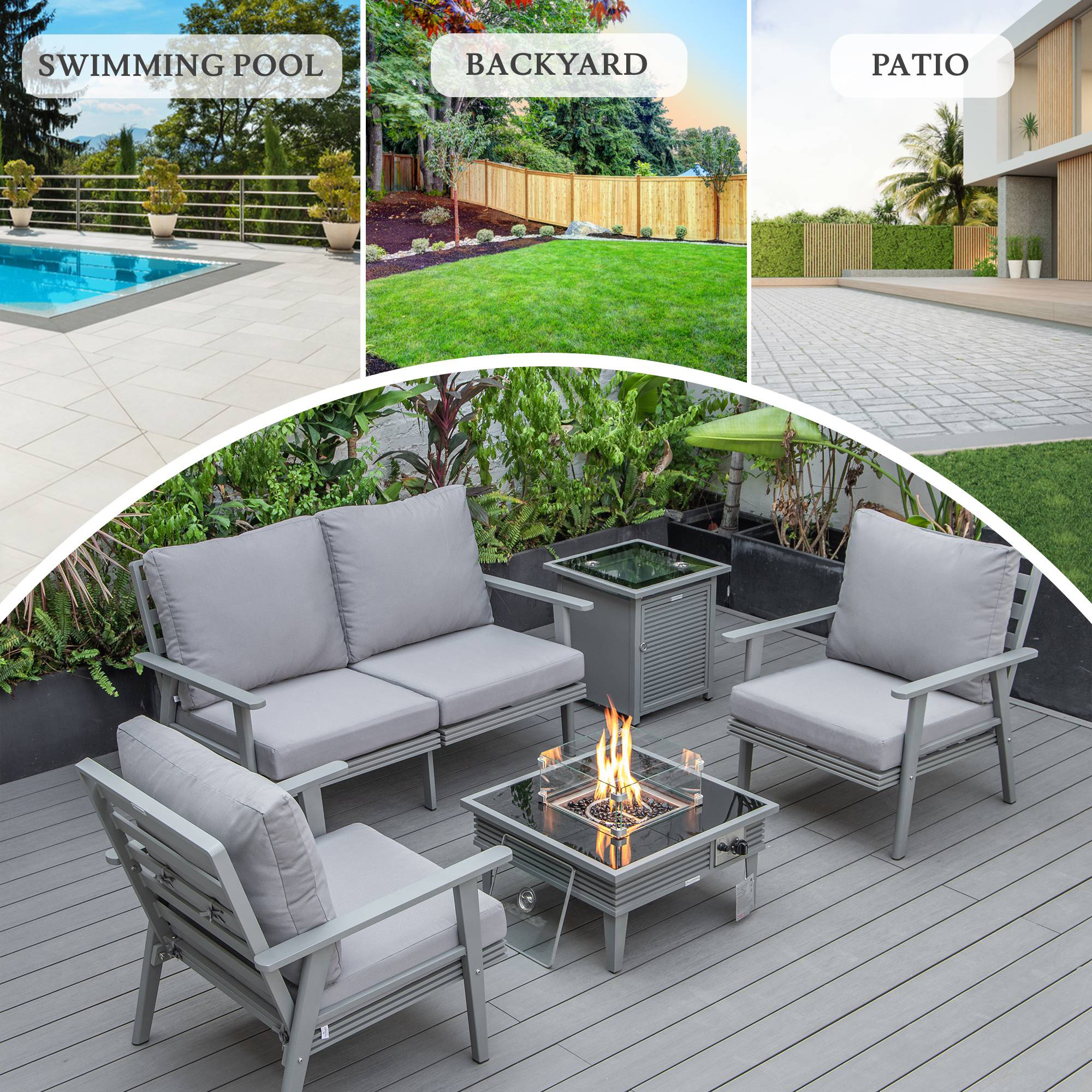 LeisureMod Walbrooke Modern Gray Patio Conversation With Square Fire Pit With Slats Design & Tank Holder - Gray