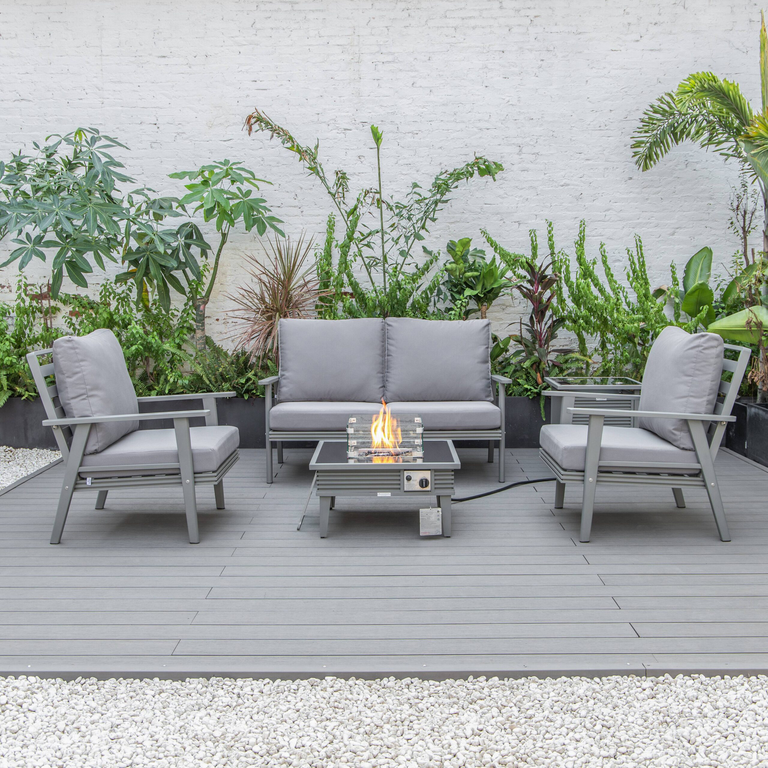 LeisureMod Walbrooke Modern Gray Patio Conversation With Square Fire Pit With Slats Design & Tank Holder - Gray