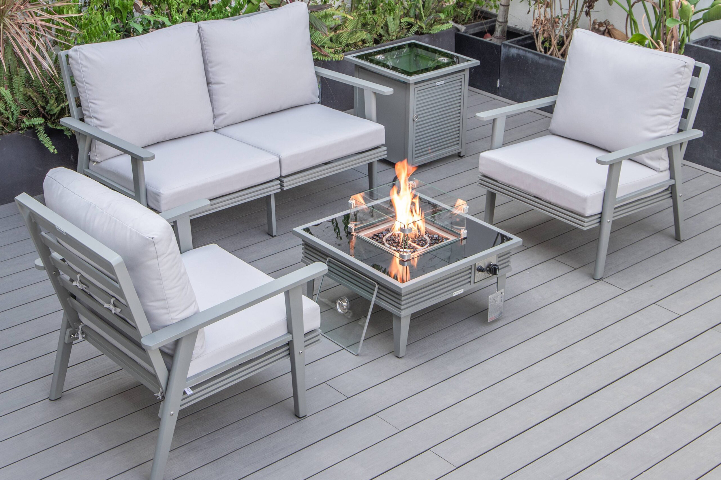 LeisureMod - Walbrooke Modern Black Patio Conversation With Square Fire Pit With Slats Design & Tank Holder