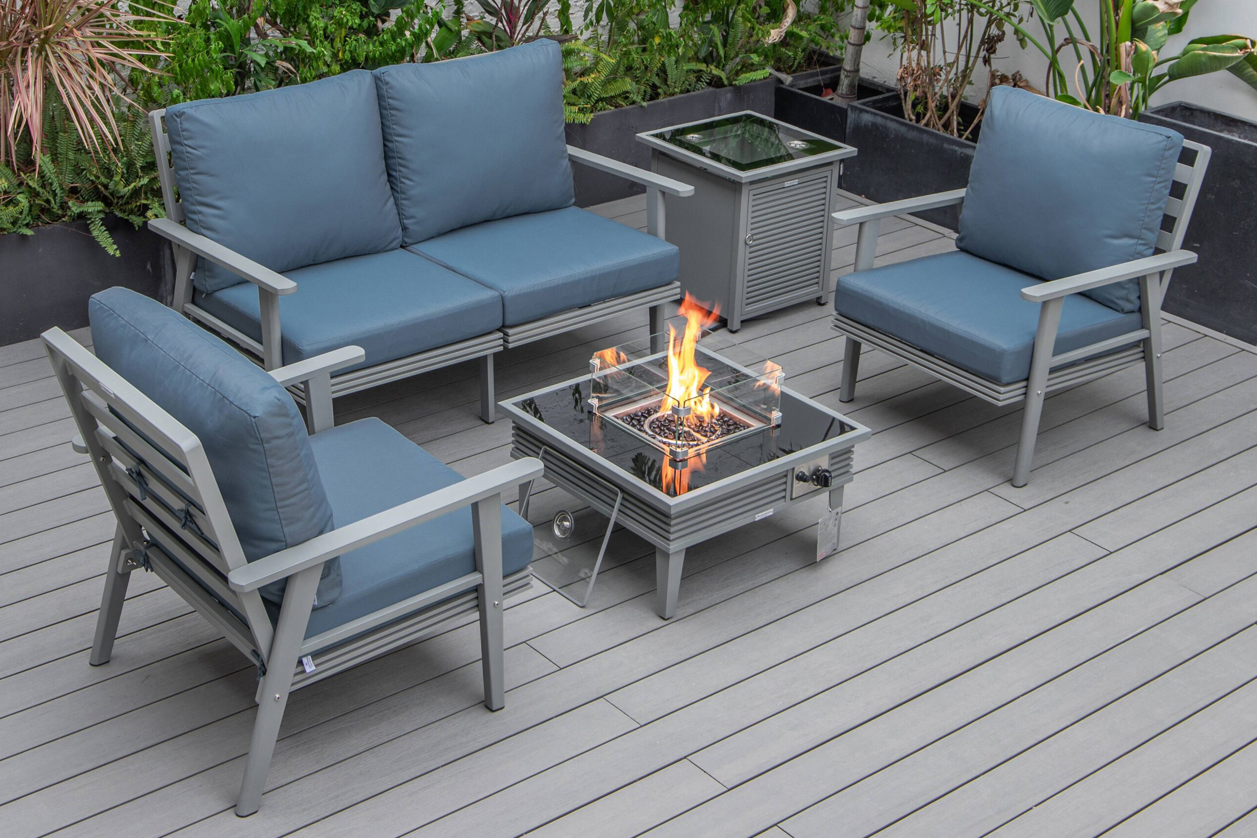 LeisureMod - Walbrooke Modern Black Patio Conversation With Square Fire Pit With Slats Design & Tank Holder