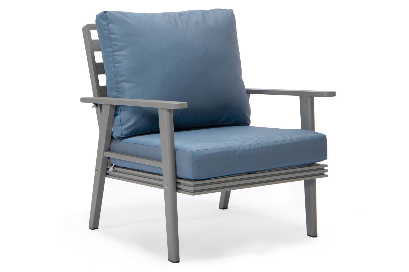 LeisureMod Walbrooke Modern Gray Patio Conversation With Square Fire Pit With Slats Design & Tank Holder - Navy Blue