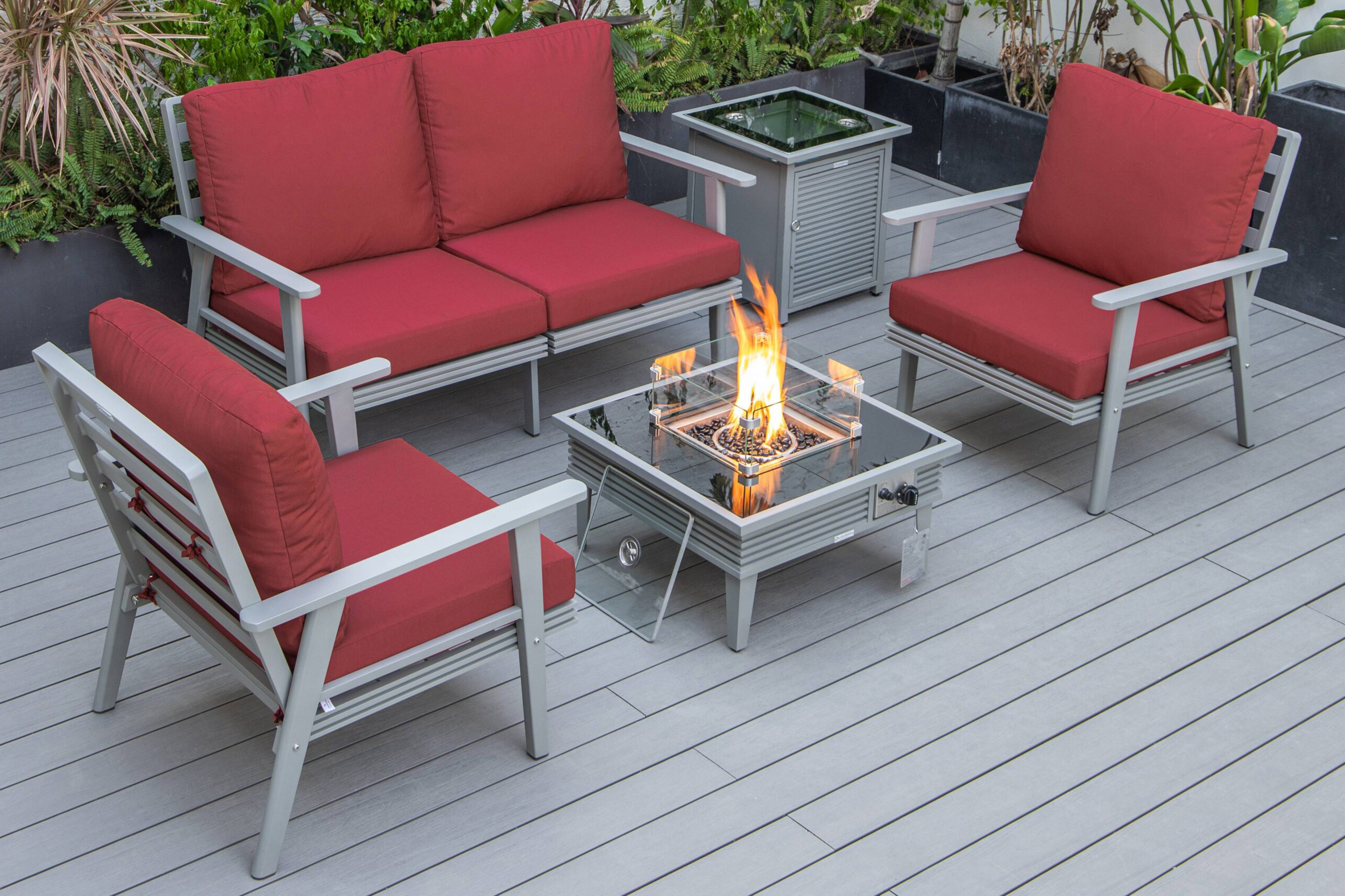 LeisureMod - Walbrooke Modern Black Patio Conversation With Square Fire Pit With Slats Design & Tank Holder