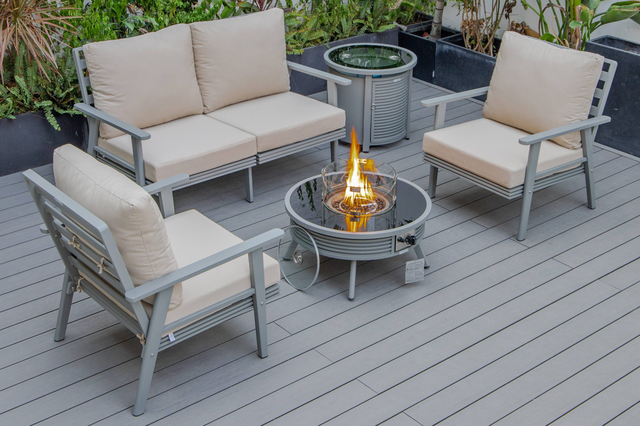 LeisureMod - Walbrooke Modern Black Patio Conversation With Round Fire Pit With Slats Design & Tank Holder