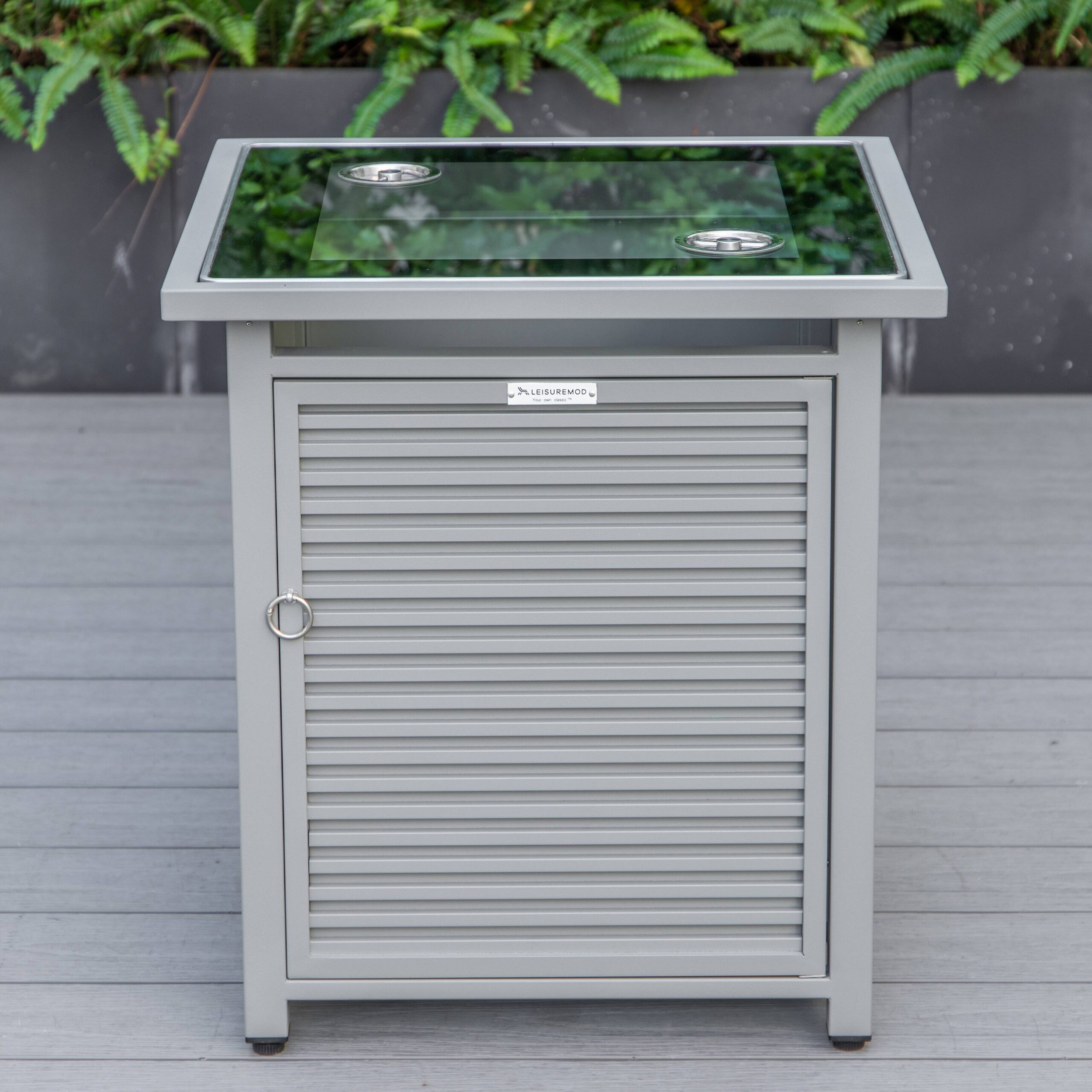 LeisureMod Walbrooke Modern Square Tank Holder Table with Tempered Glass Top and Powder Coated Aluminum Slats - Gray