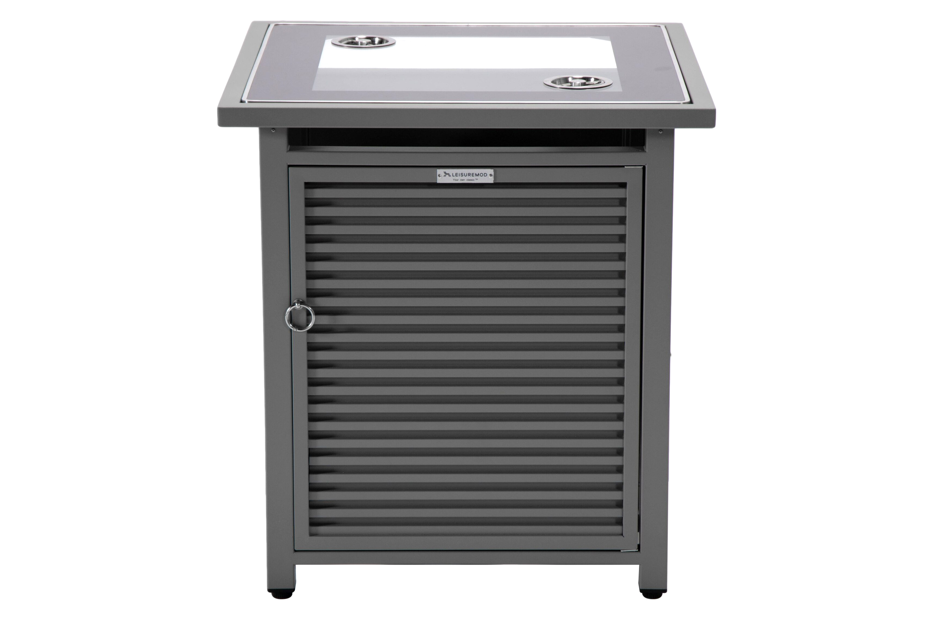 LeisureMod Walbrooke Modern Square Tank Holder Table with Tempered Glass Top and Powder Coated Aluminum Slats - Gray