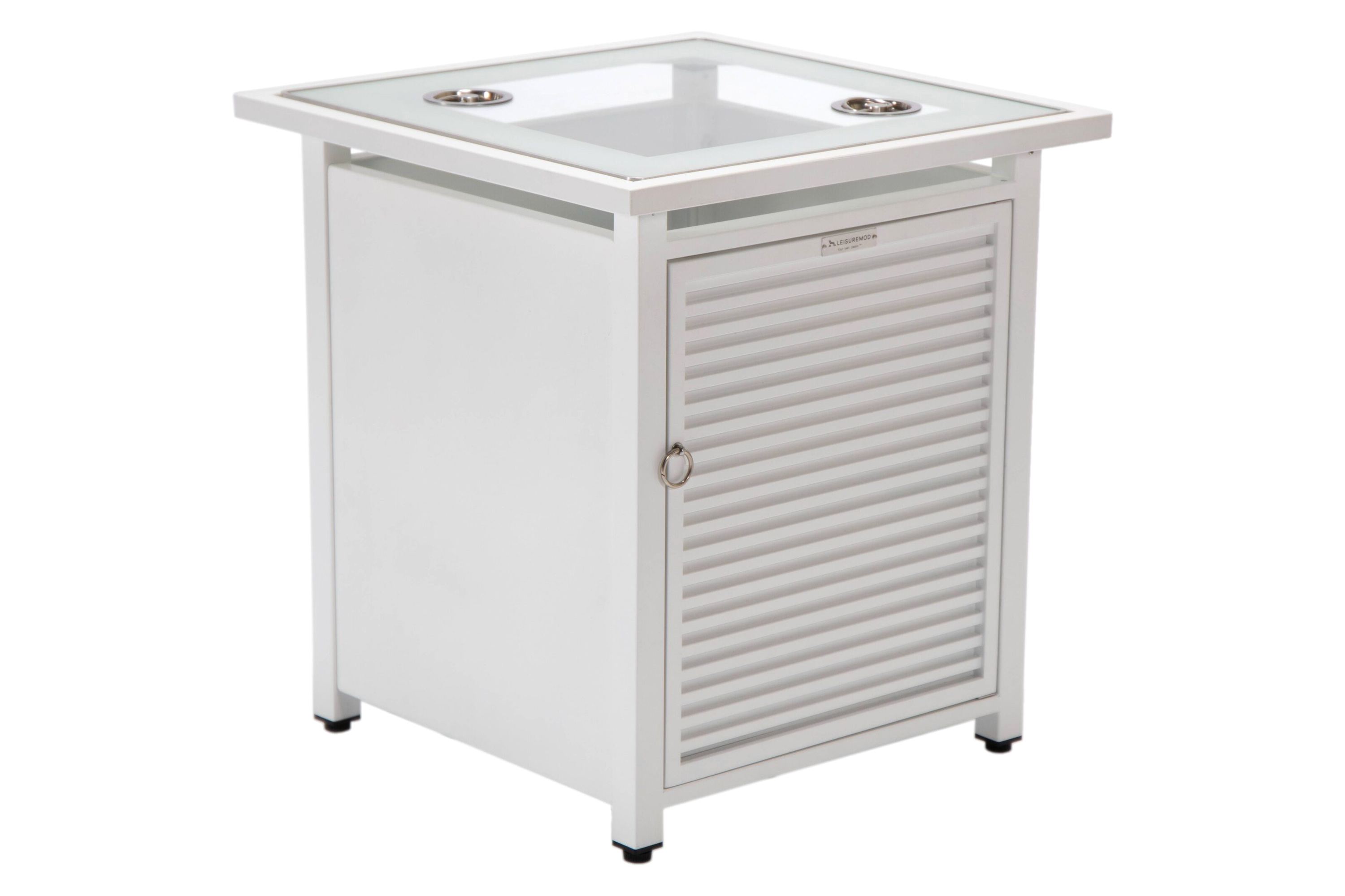 LeisureMod - Walbrooke Modern Round Tank Holder Table with Tempered Glass Top and Powder Coated Aluminum Slats Design