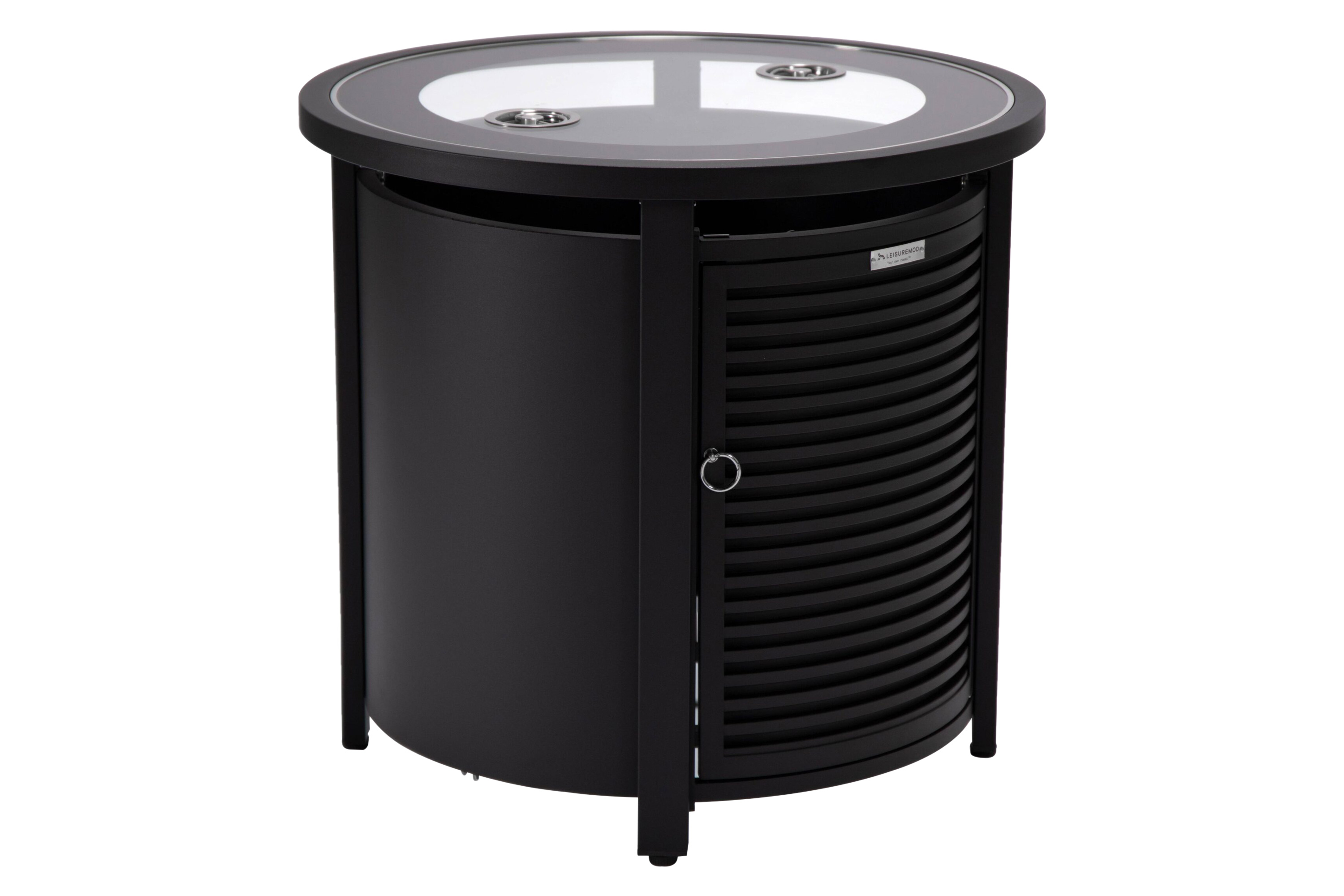 LeisureMod - Walbrooke Modern Round Tank Holder Table with Tempered Glass Top and Powder Coated Aluminum Slats Design